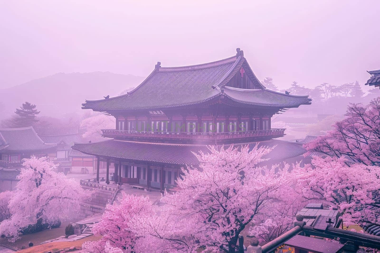 A majestic Chinese building stands gracefully amidst a sea of vibrant cherry blossom trees, creating a picturesque and serene atmosphere.