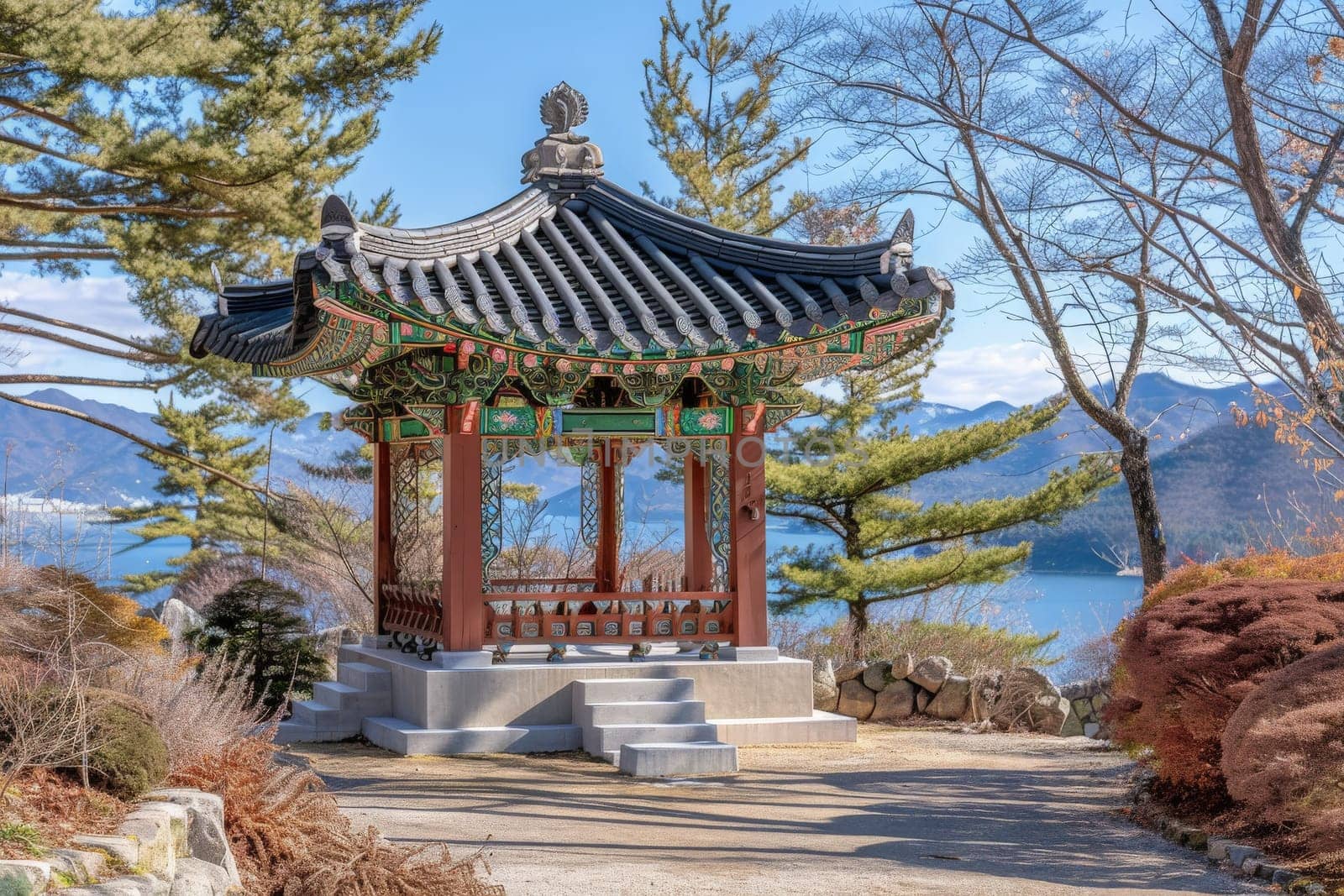 A traditional Korean pavilion graces a lakes edge, flanked by autumn trees under a clear sky.