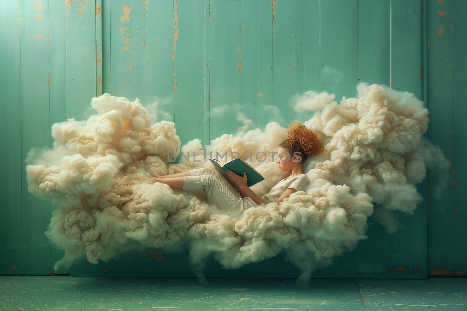 Woman reading a book, lying on clouds in virtual space, education and leisure concept, fantasy literature, learning new skill, wisdom and knowledge