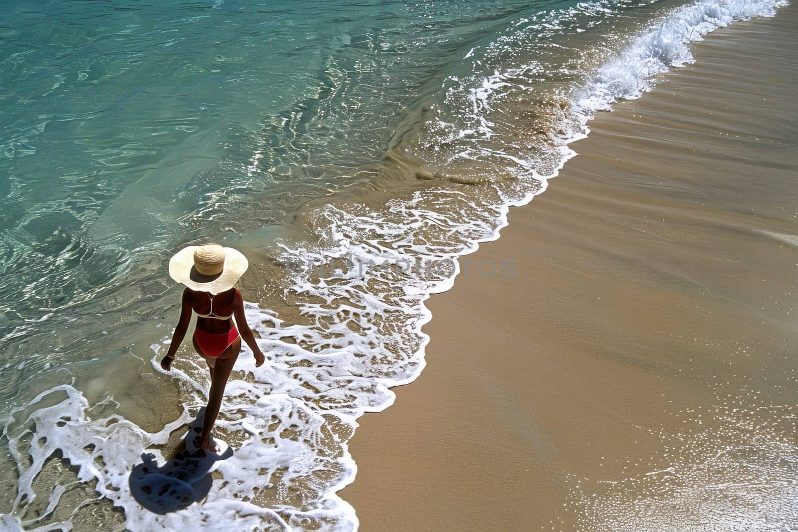 A graceful woman wearing a straw hat strolls along the sandy shore of a tranquil beach as the sun sets in the background.