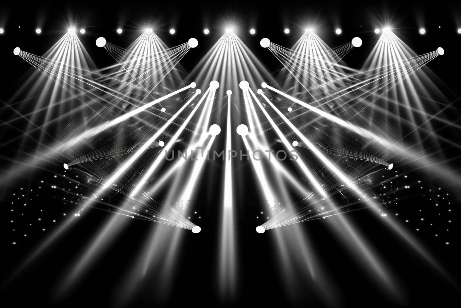 Silhouetted figures stand under the brilliant glow of spotlights on a stage, creating a dramatic and captivating scene.