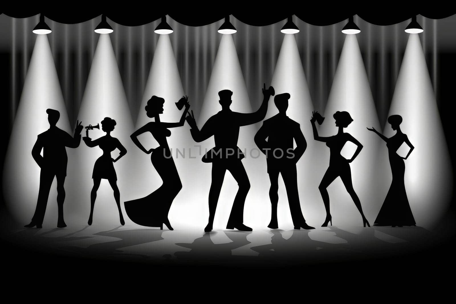 A group of people standing with arms raised on top of a stage, bathed in light and exuding energy and excitement.