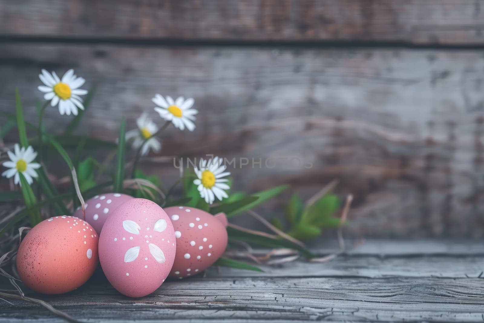 Dyed Easter eggs with delicate decorations nestled in fresh greenery alongside white daisies.