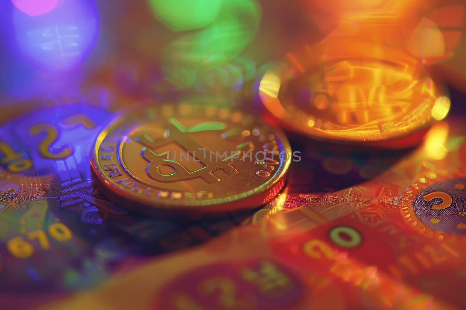 A vivid display of South Korean won coins and bills bathed in hues of purple and gold.