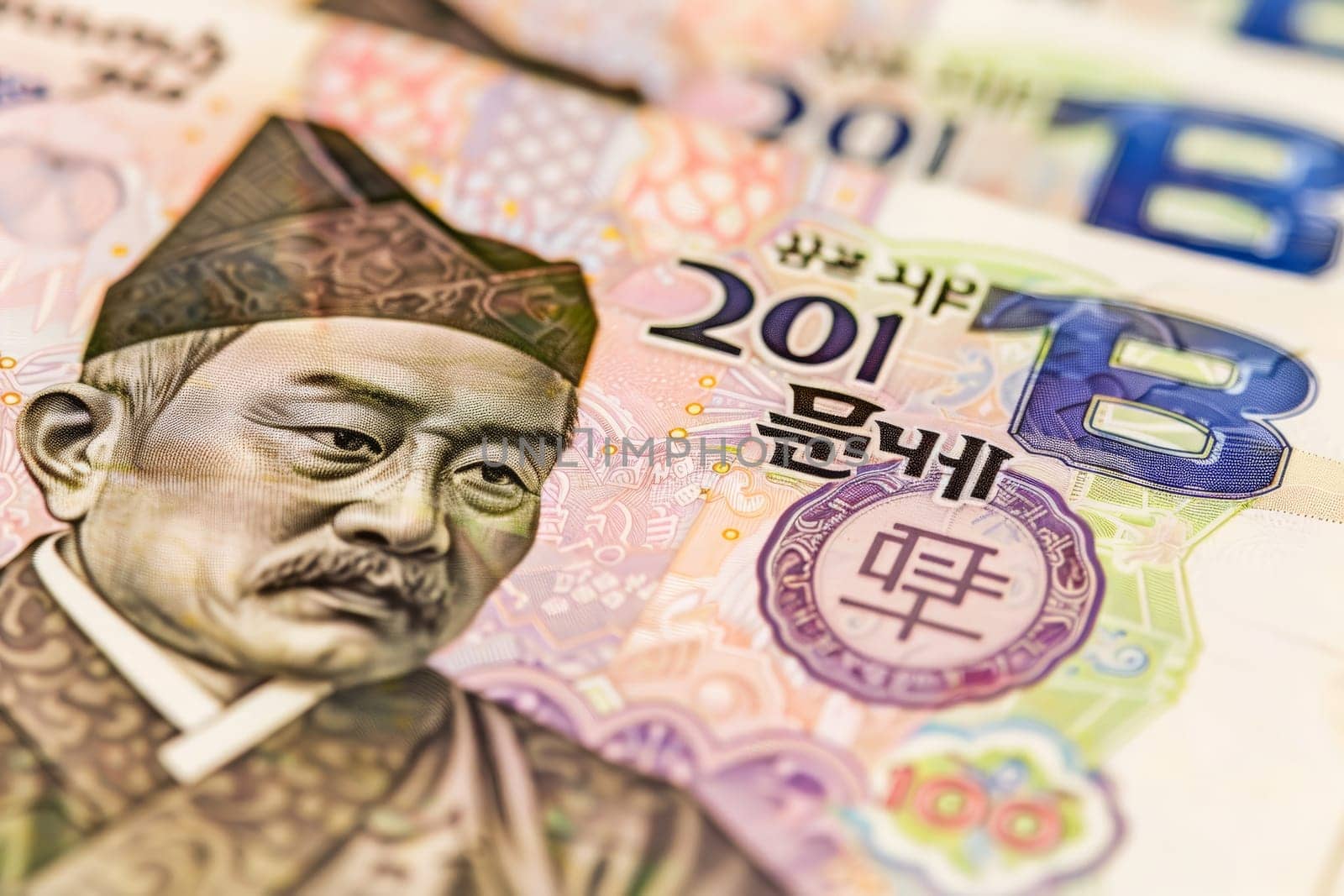 A close-up view of South Korean currency notes with vibrant colors and historical figures.