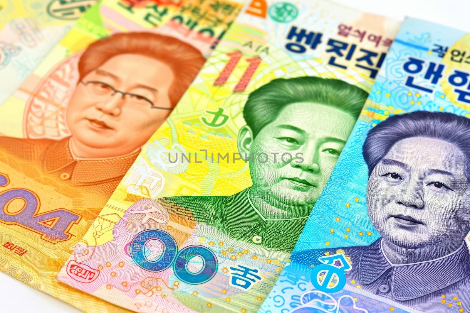 A chaotic arrangement of South Korean currency fanned out on a table, showcasing a wealth of financial abundance.