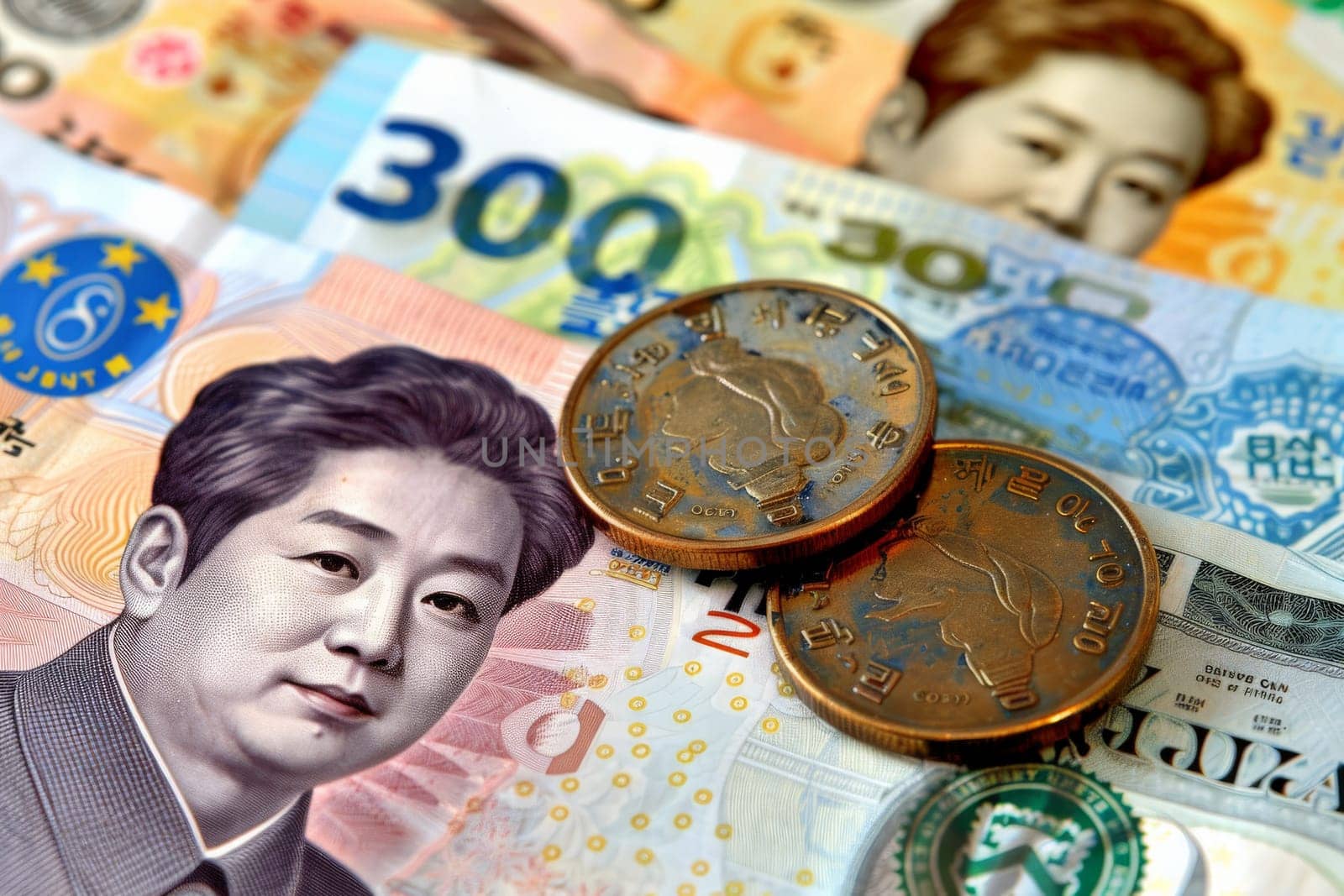 Close-up view of South Korean currency featuring intricate details and coins.