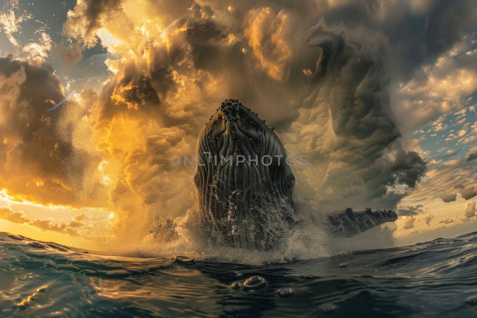 A humpback whale breaches dramatically with a fiery sunset sky as backdrop.