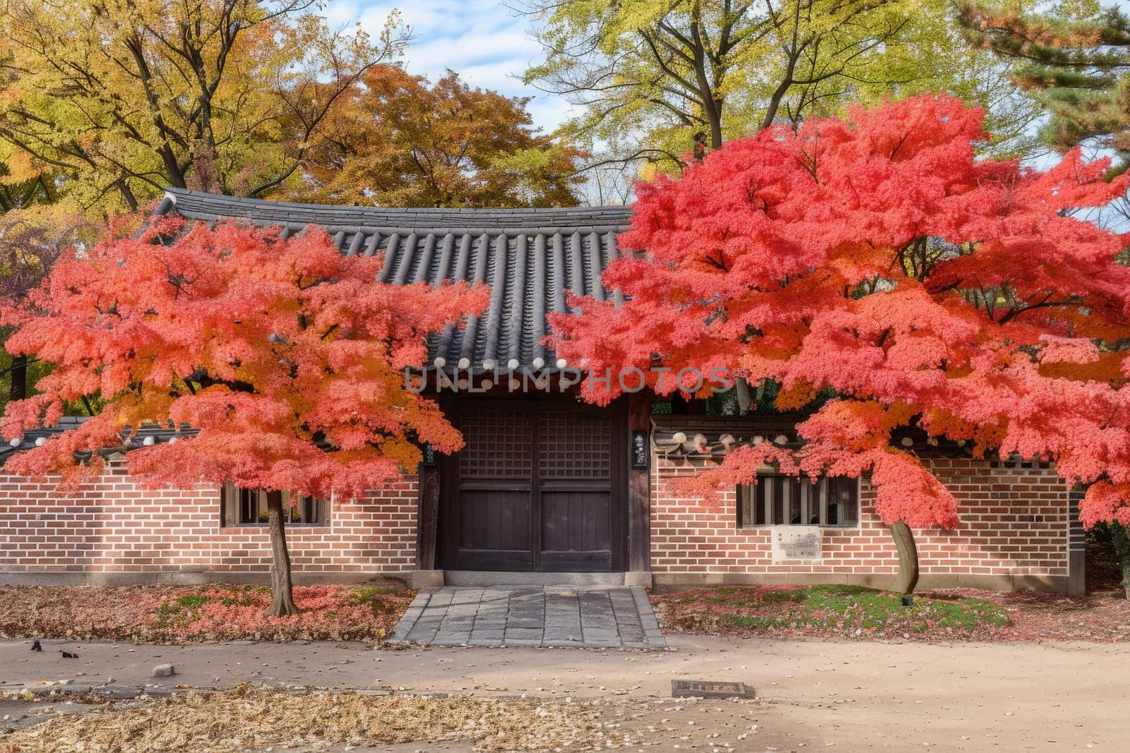 A serene traditional Hanok stands embraced by fiery red maple leaves on a tranquil autumn day.
