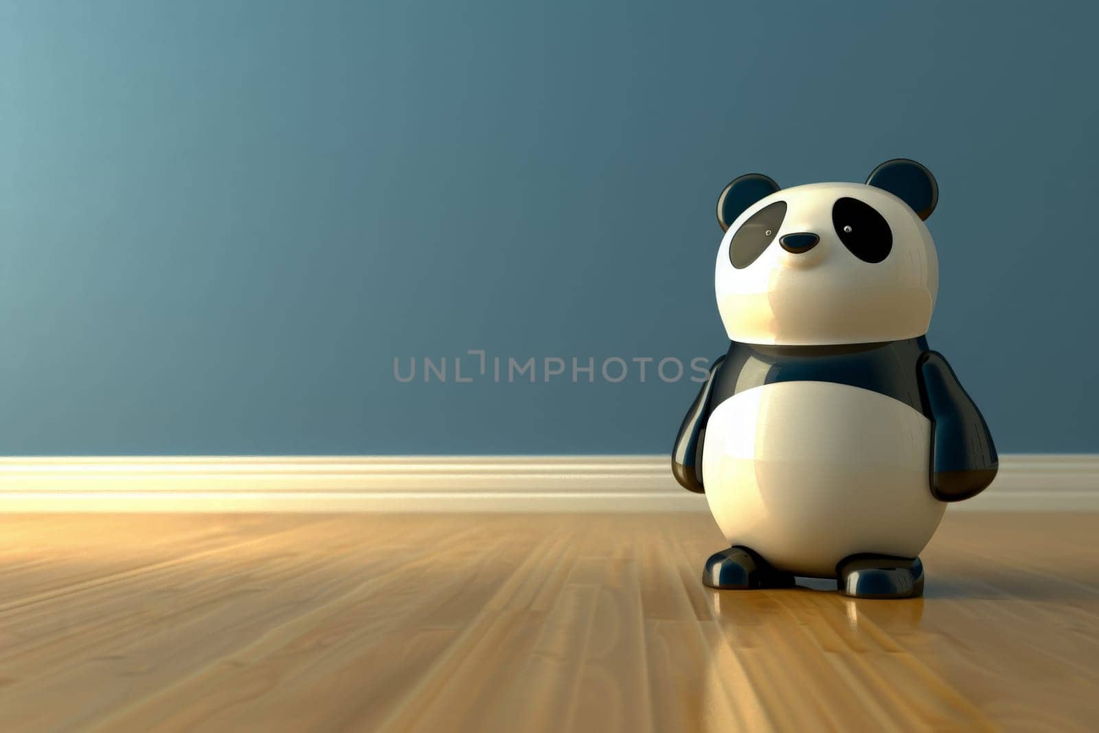 A large panda bear sits gracefully on top of a rustic wooden floor, showcasing its regal presence in a serene environment.