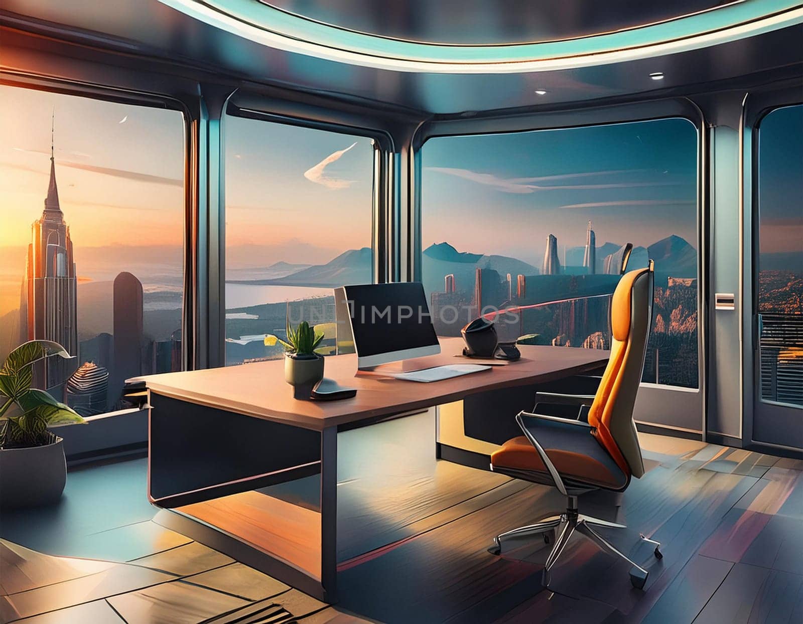 Office with modern devices and digital data on hologram screens 3D rendering