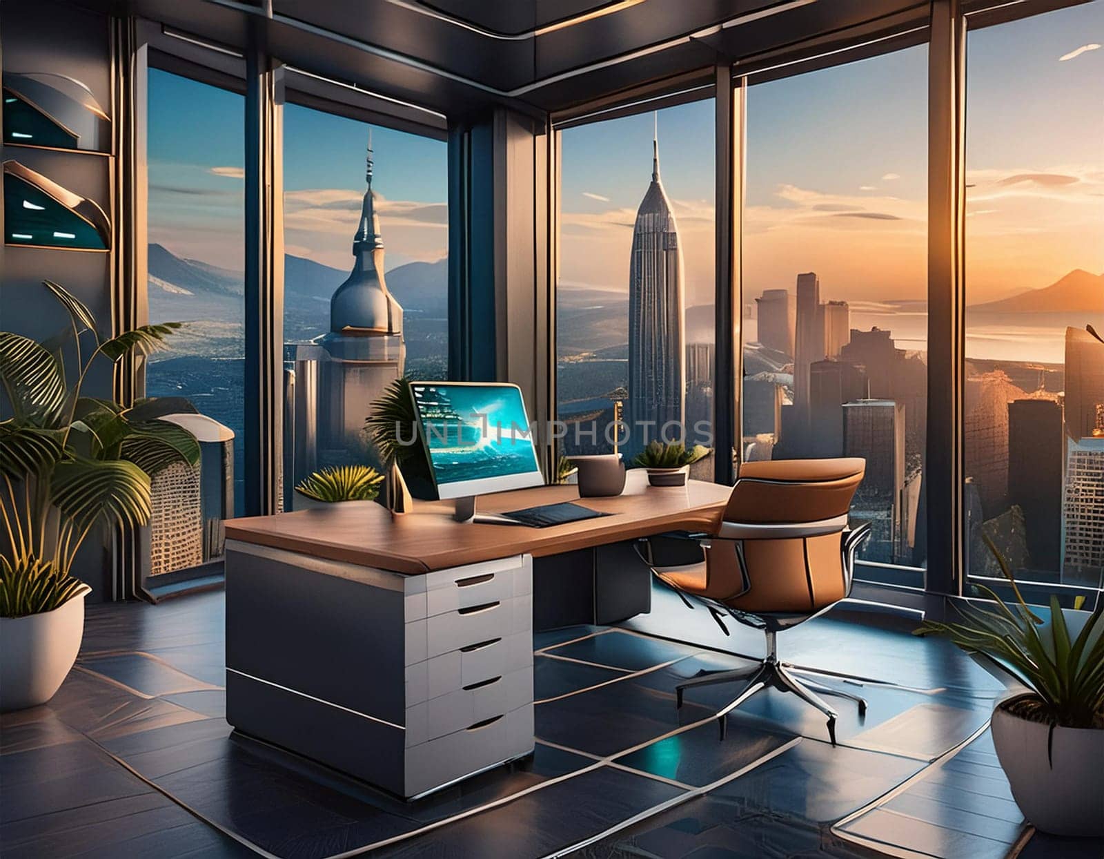 Office with modern devices and digital data on hologram screens 3D rendering