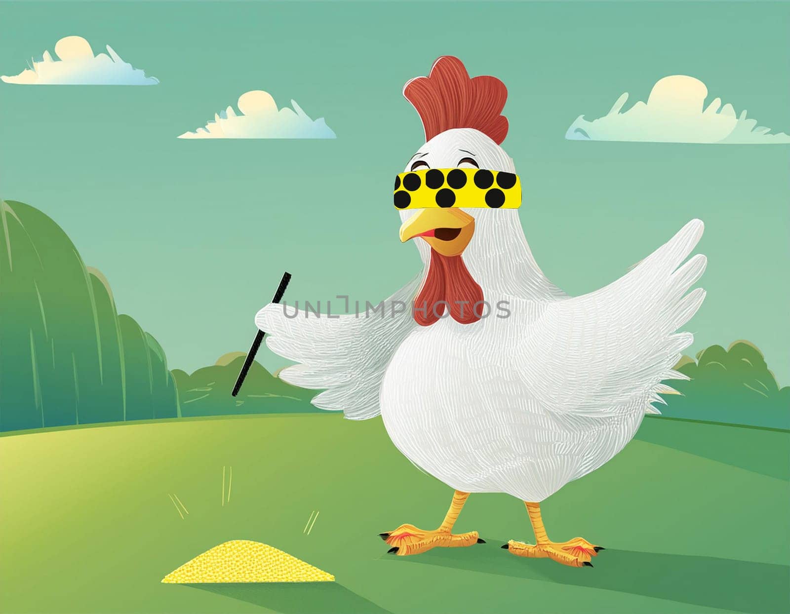 A chicken with a blindfold and symbol for the blind, blindfold. Concept: a blind chicken sometimes finds a grain