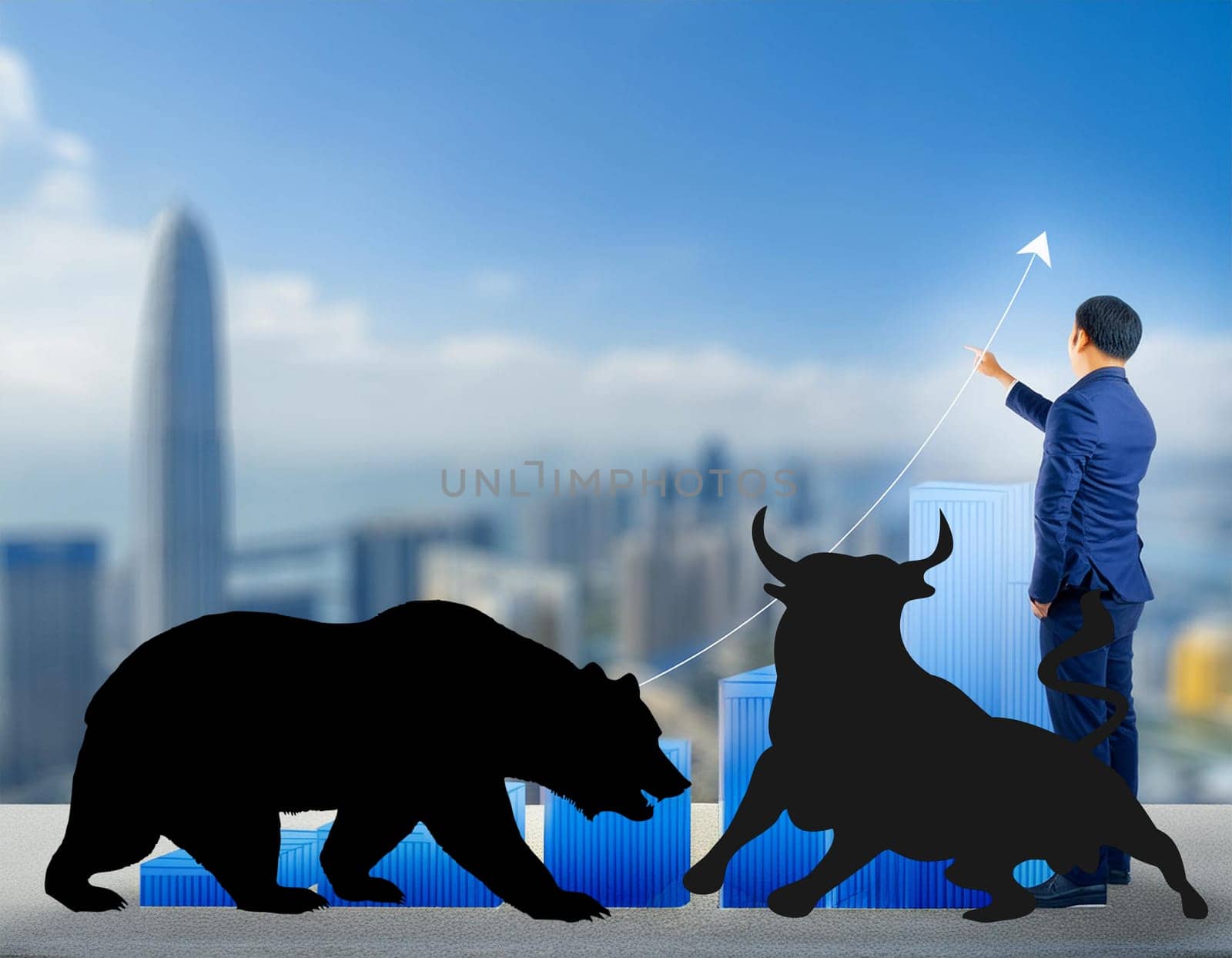 The animals of the stock exchange, bull and bear, face each other brightly on the stock exchange.