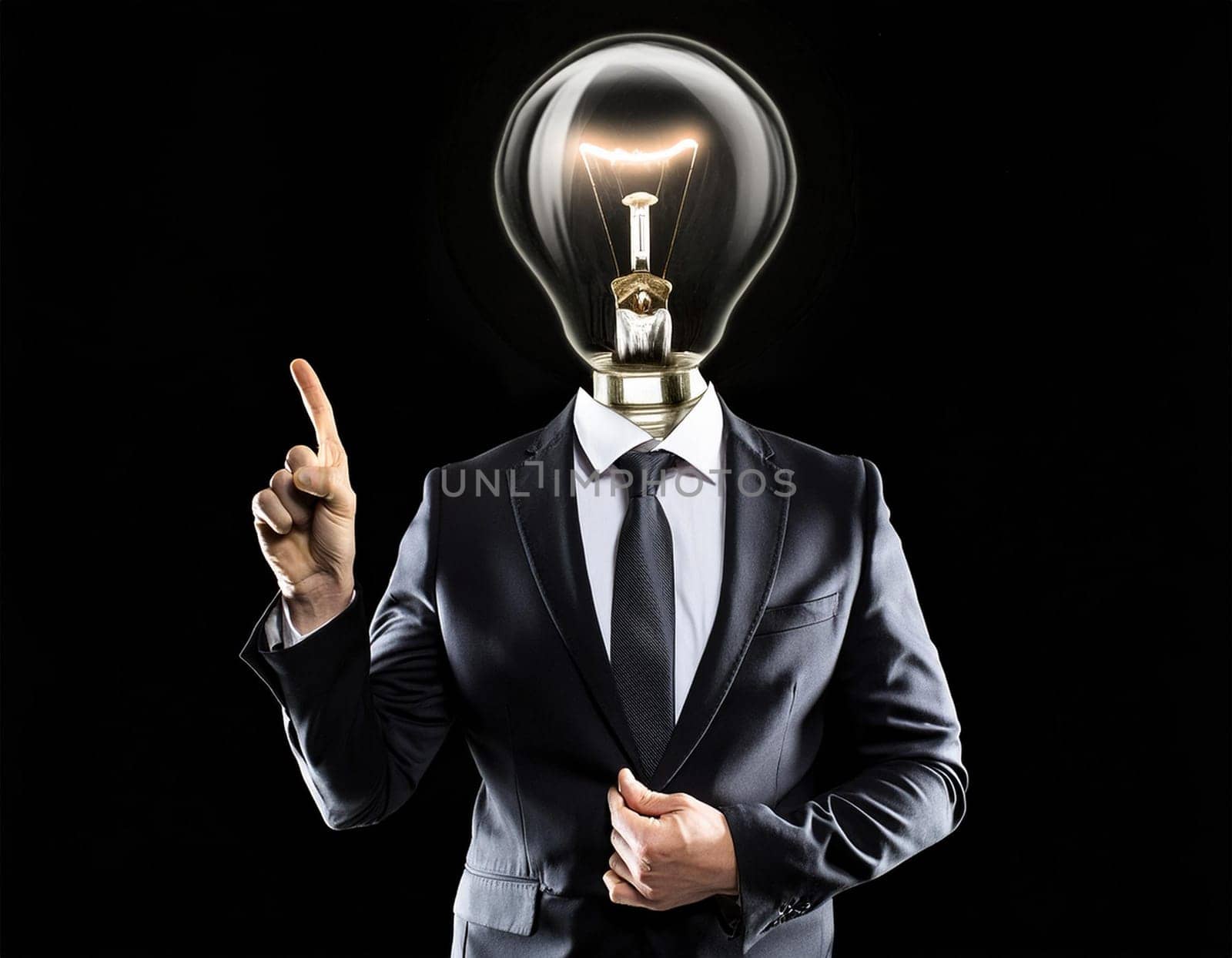 Creative light bulb: A headless man with his light bulb head glowing symbolizes a brilliant idea.