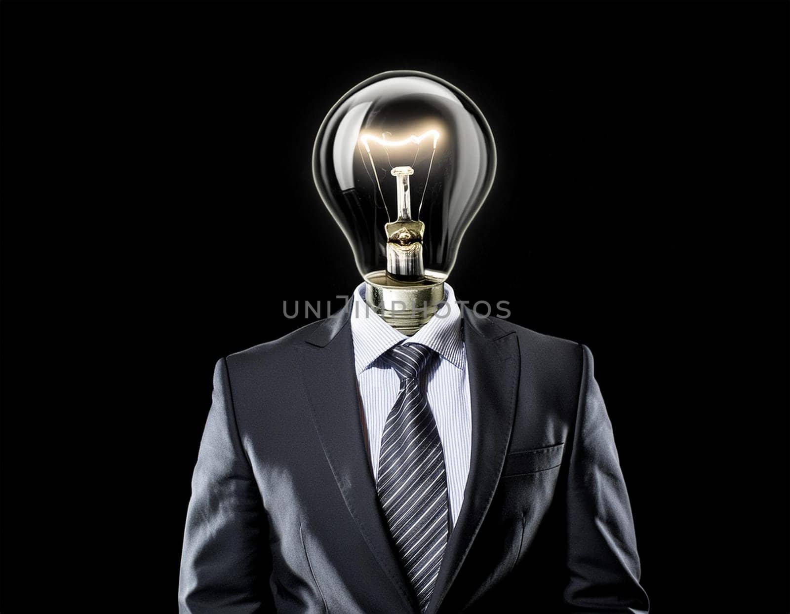 Creative light bulb: A headless man with his light bulb head glowing symbolizes a brilliant idea.