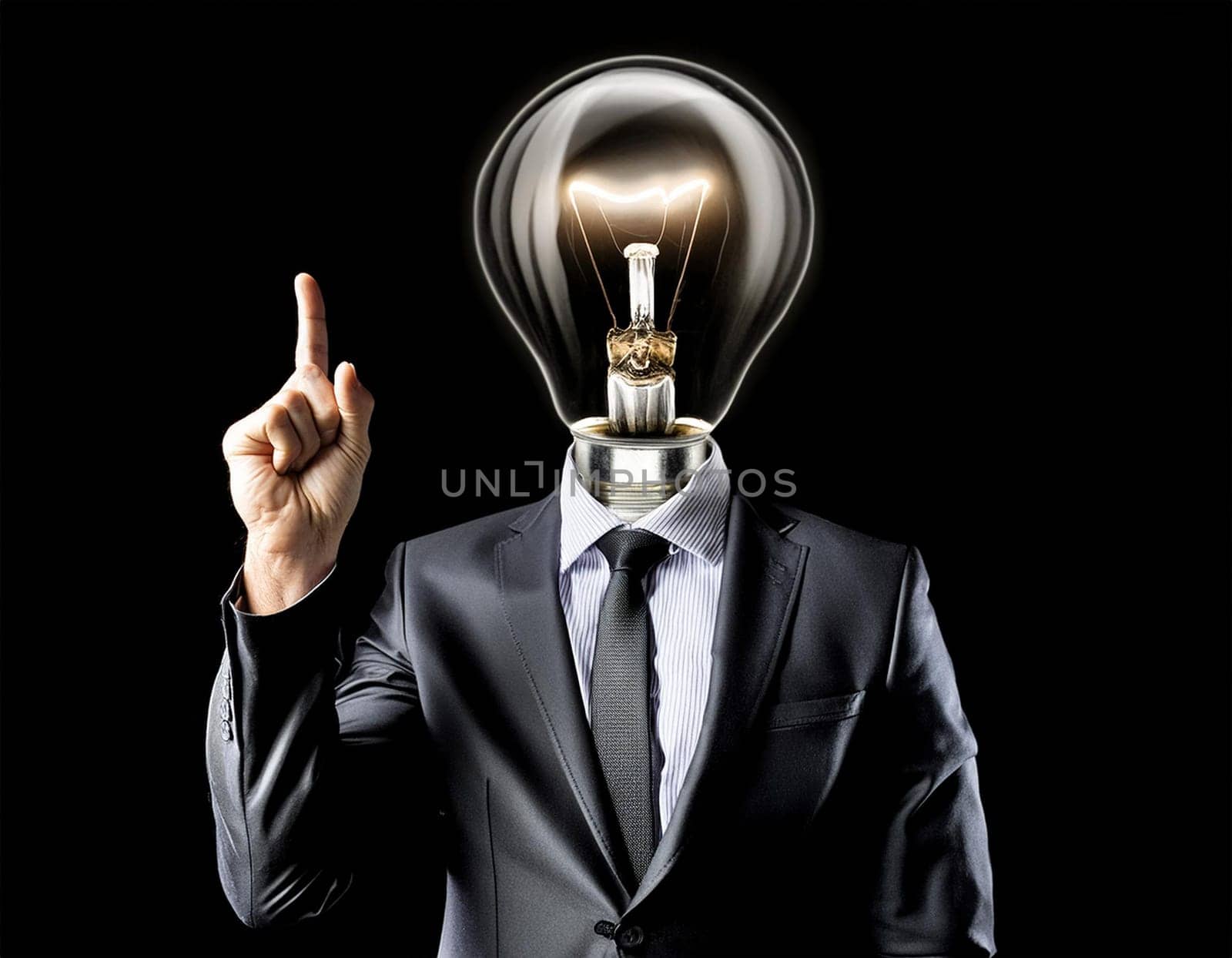 Creative light bulb: A headless man with his light bulb head glowing symbolizes a brilliant idea.