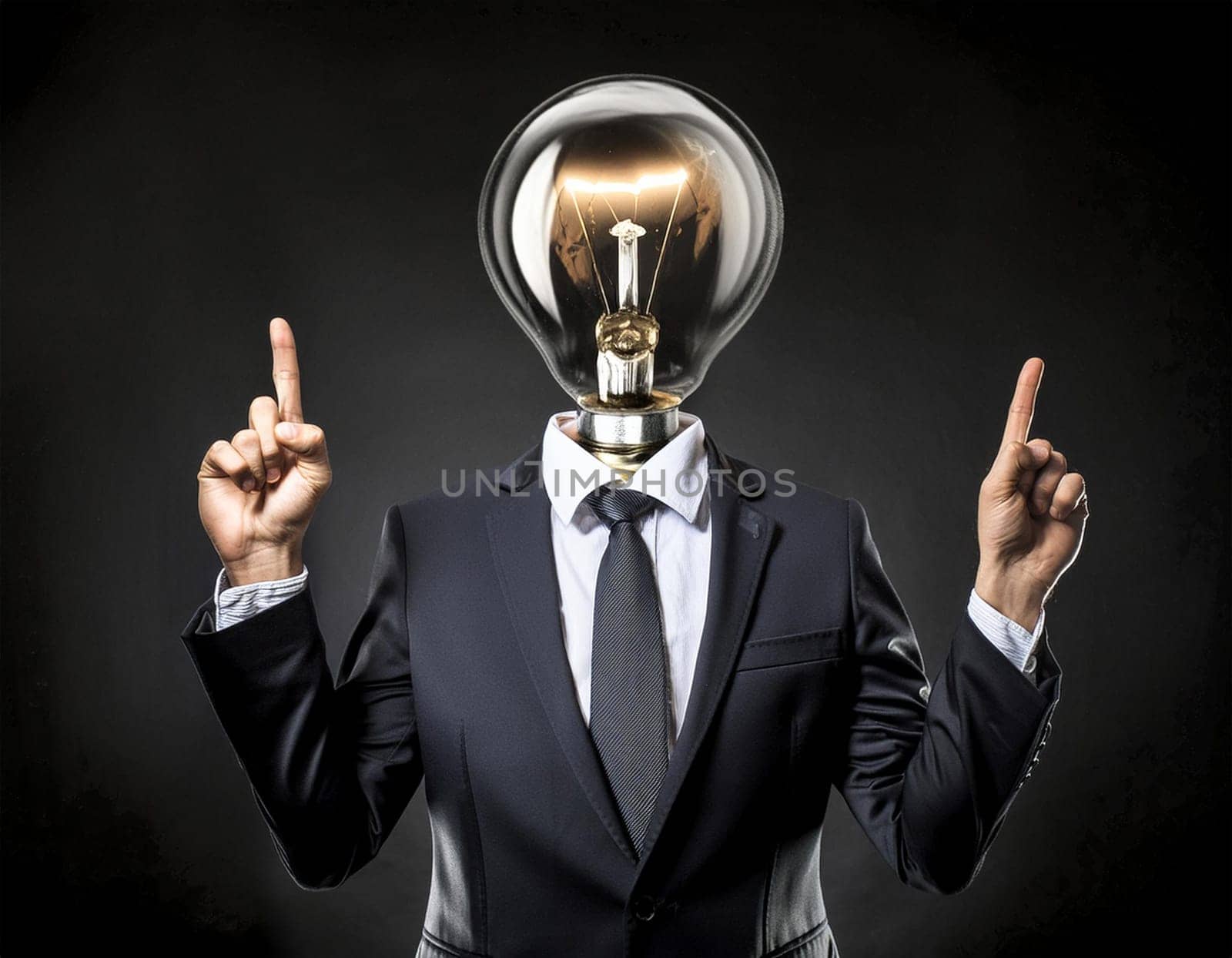 Creative light bulb: A headless man with his light bulb head glowing symbolizes a brilliant idea.