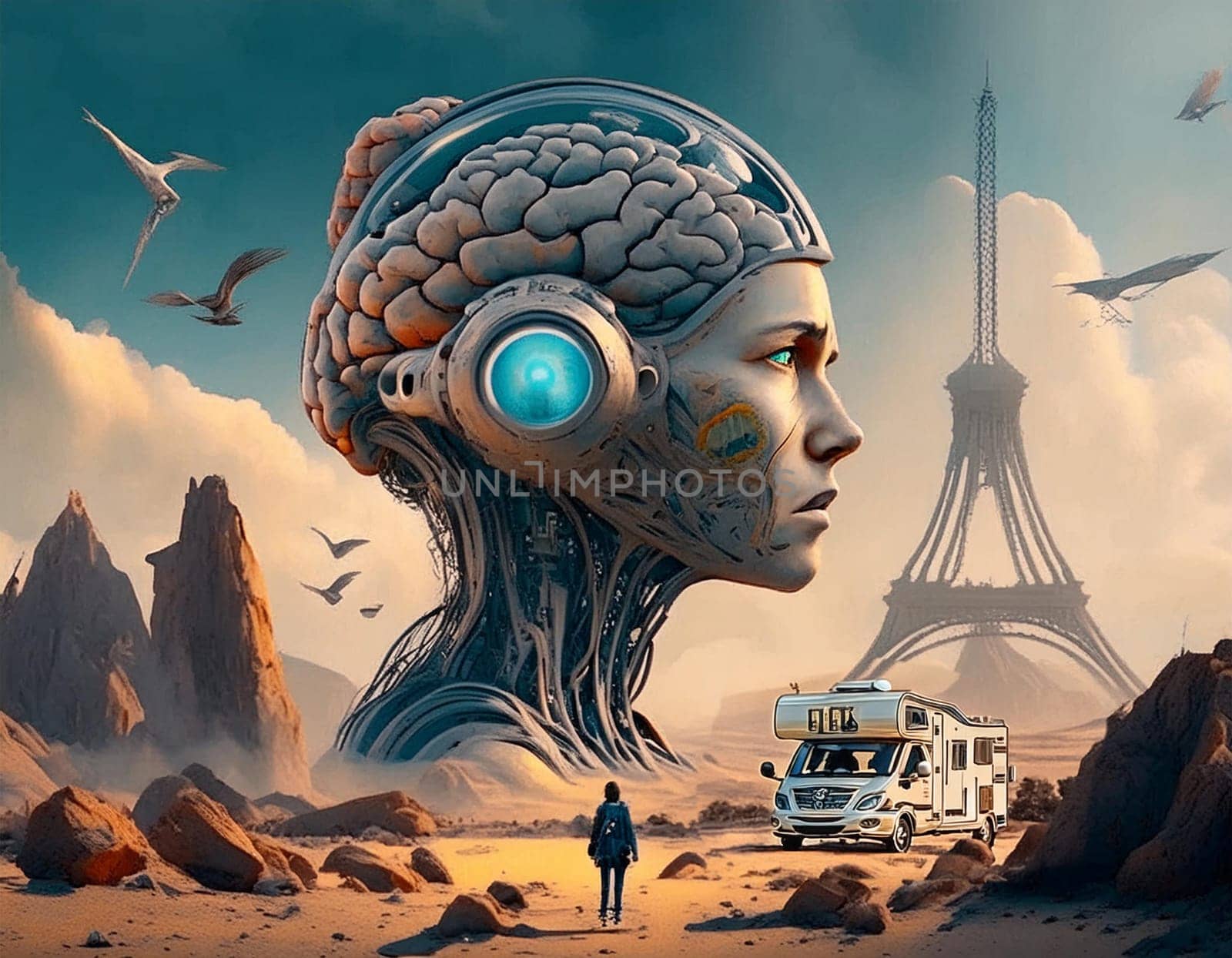 Surreal 3D illustration desert landscape with skull. Digital artwork for creative graphic design