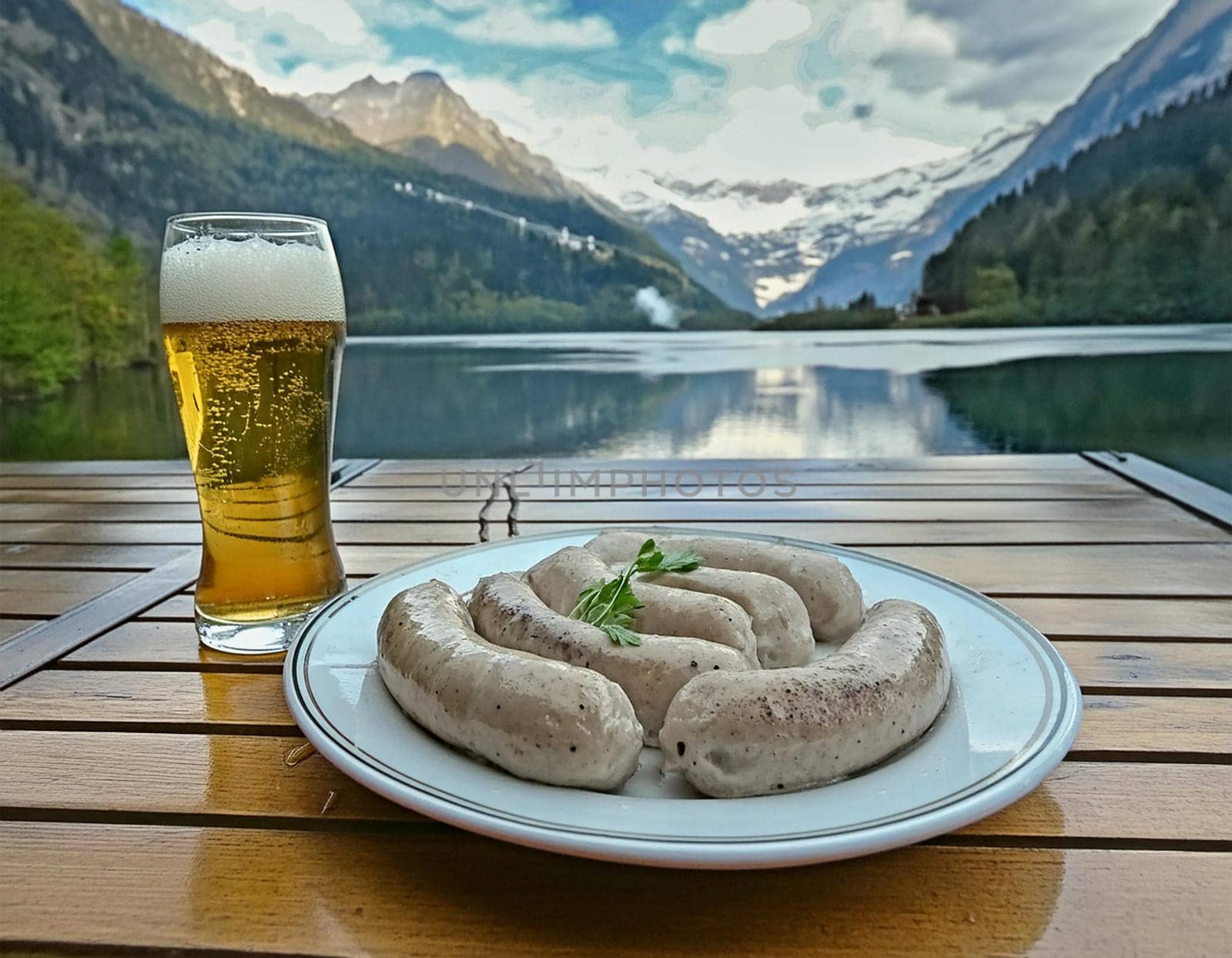 Oktoberfest white sausages with pretzel and beer on a plate in the background of a lake