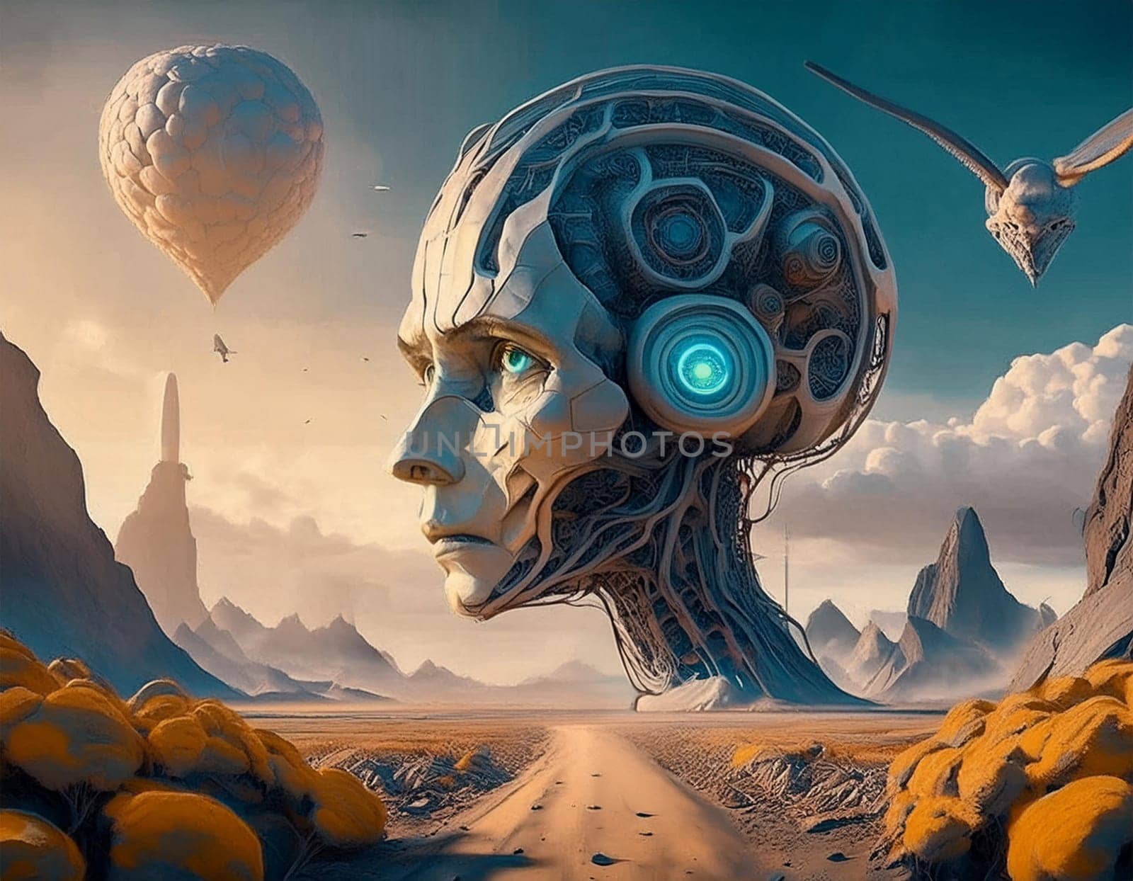 Surreal 3D illustration desert landscape with skull. Digital artwork for creative graphic design