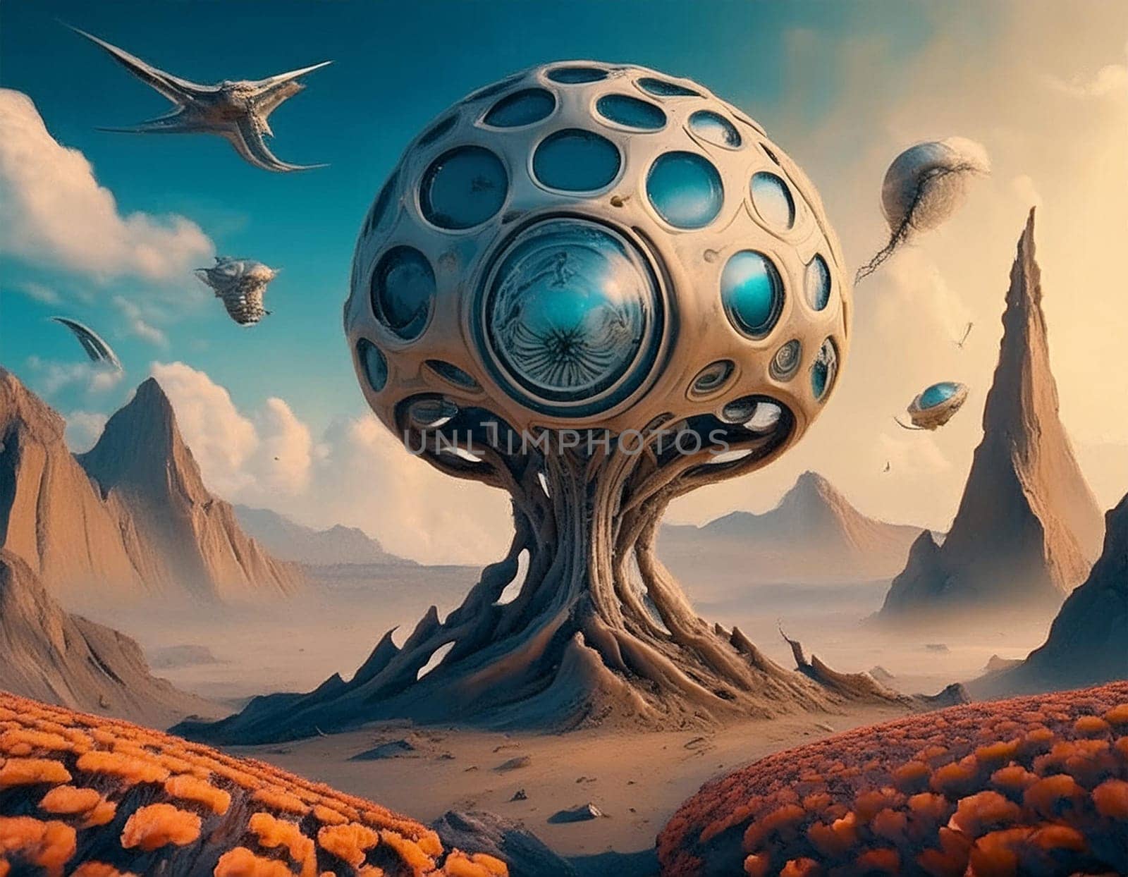 Surreal 3D illustration desert landscape with skull. Digital artwork for creative graphic design