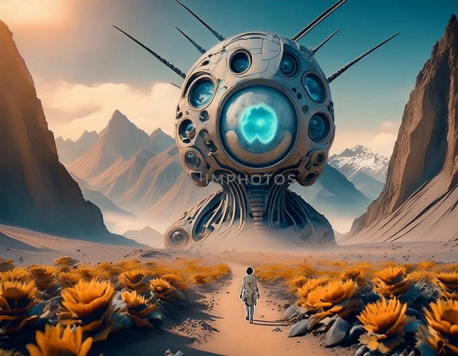 Surreal 3D illustration desert landscape with skull. Digital artwork for creative graphic design