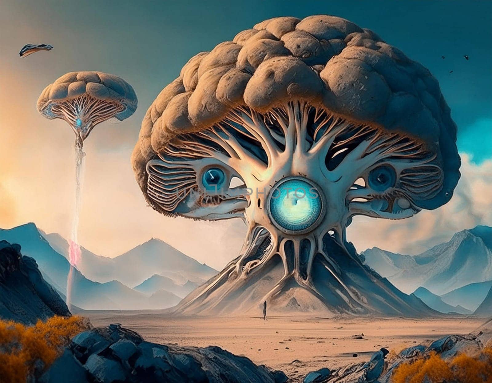 Surreal 3D illustration desert landscape with skull. Digital artwork for creative graphic design