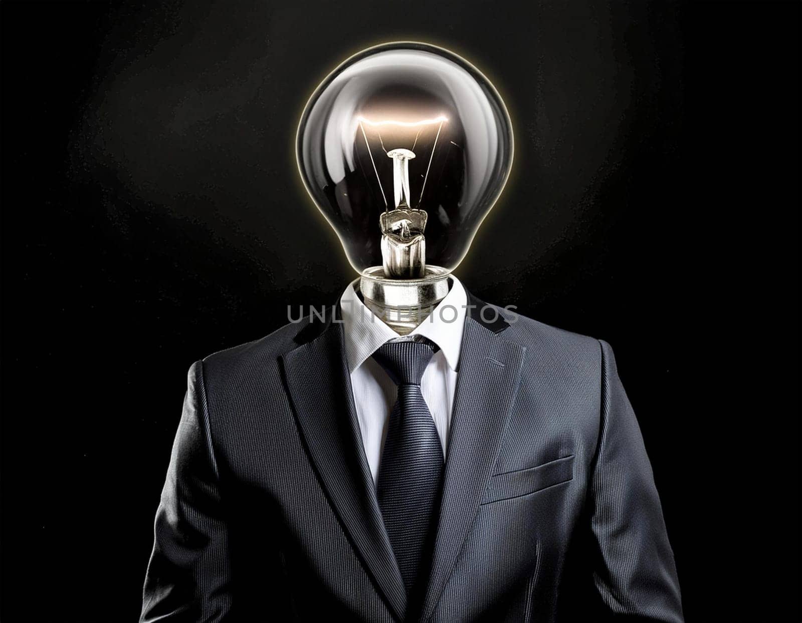 Creative light bulb: A headless man with his light bulb head glowing symbolizes a brilliant idea.