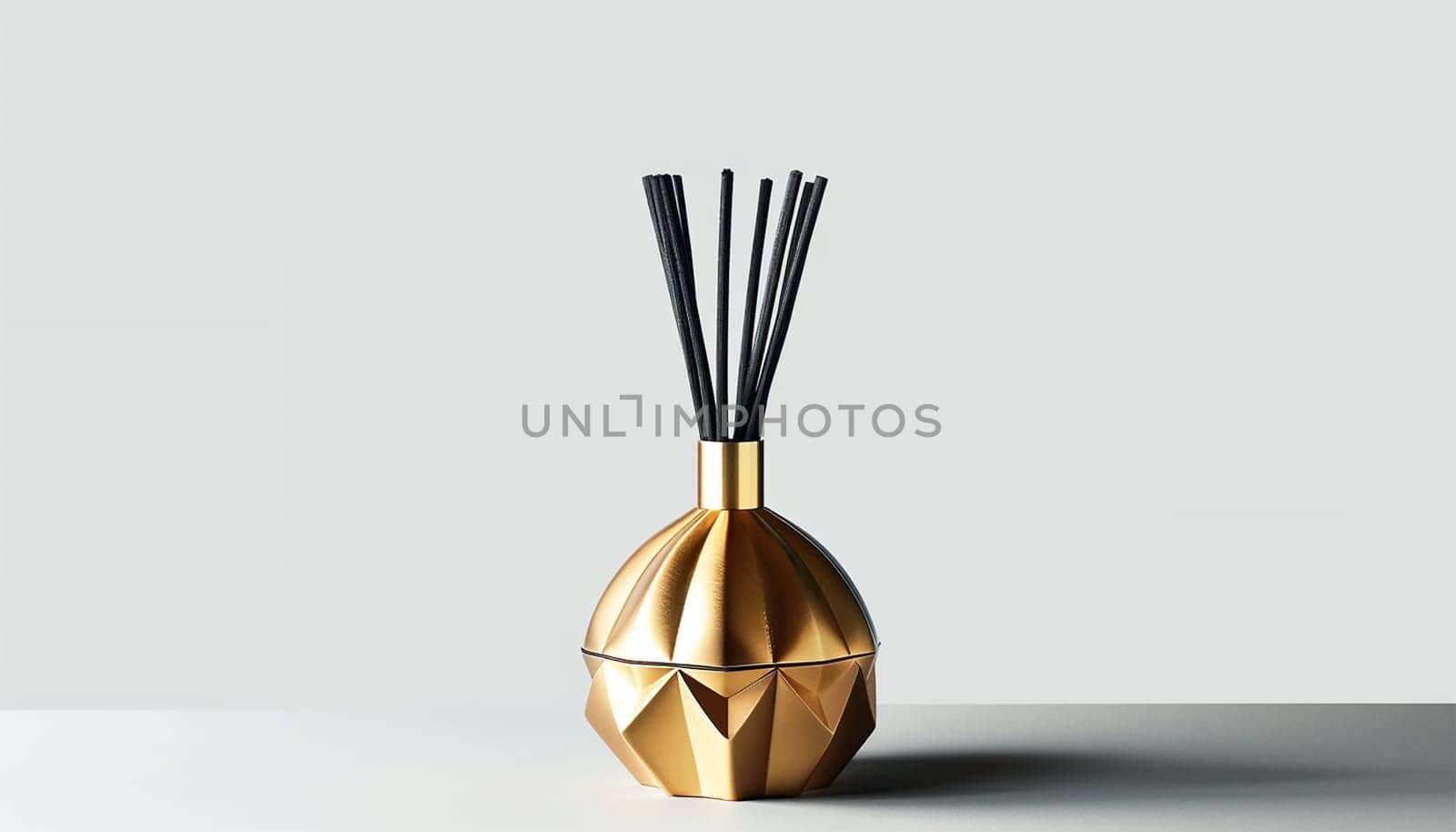 Home perfume in glass bottle with wood sticks, scented burn candles on tray in bedroom living room close up over white. Aromatherapy cozy atmosphere lifestyle. Winter warm xmas season. Good morning. elegant