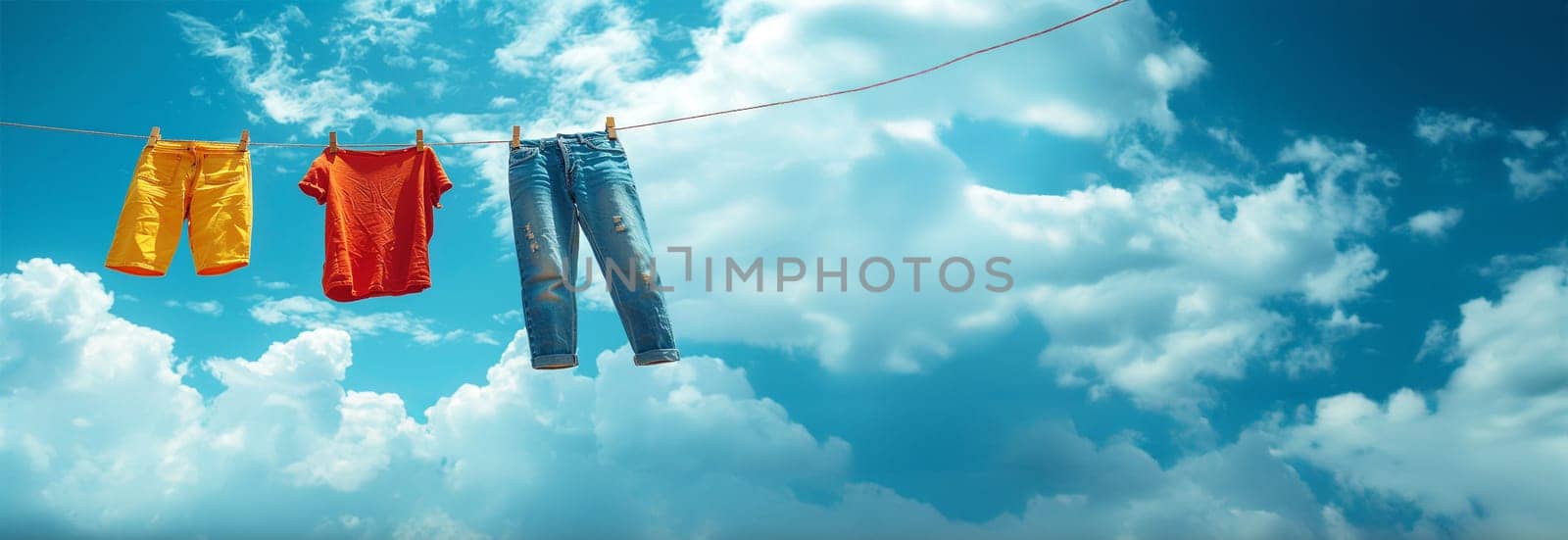 Colorful clothes hanging to dry on a laundry line clouds moving in the wind and sun shining in the blue sky. clothes drying in the wind. Copy space