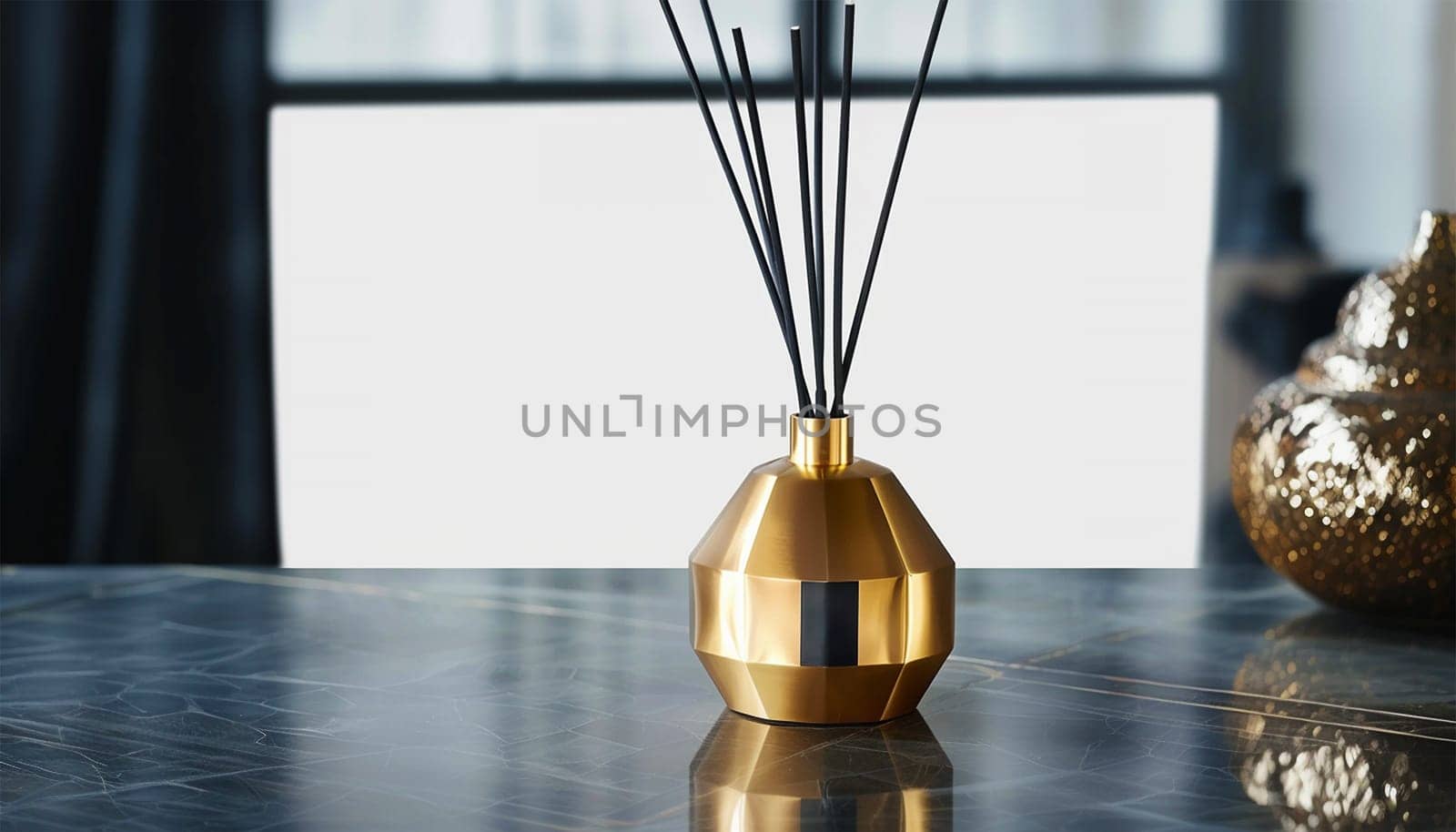 Home perfume in glass bottle with wood sticks, scented burn candles on tray in bedroom living room close up over white. Aromatherapy cozy atmosphere lifestyle. Winter warm xmas season. Good morning. elegant