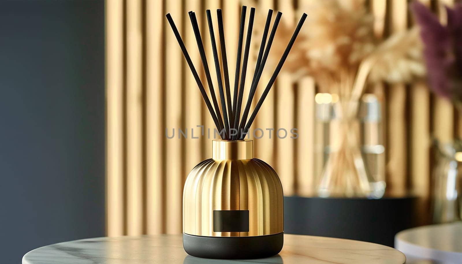 Home perfume in glass bottle with wood sticks, scented burn candles on tray in bedroom living room close up over white. Aromatherapy cozy atmosphere lifestyle. Winter warm xmas season. Good morning. elegant
