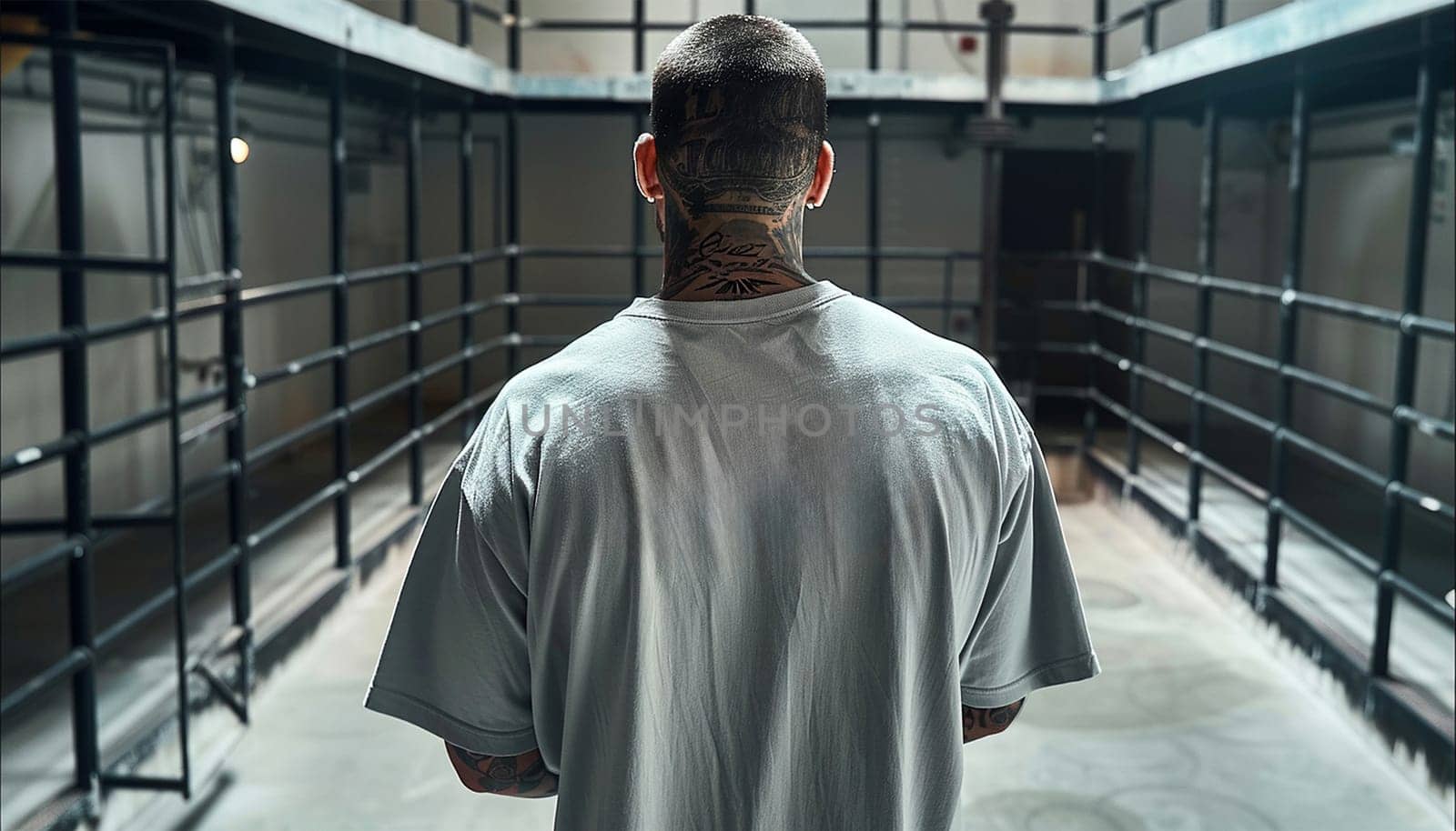 Inmate with tattoos in beige uniform in jail cell, Male prisoner serves imprisonment term for crime in prison. Detention center or correctional facility.