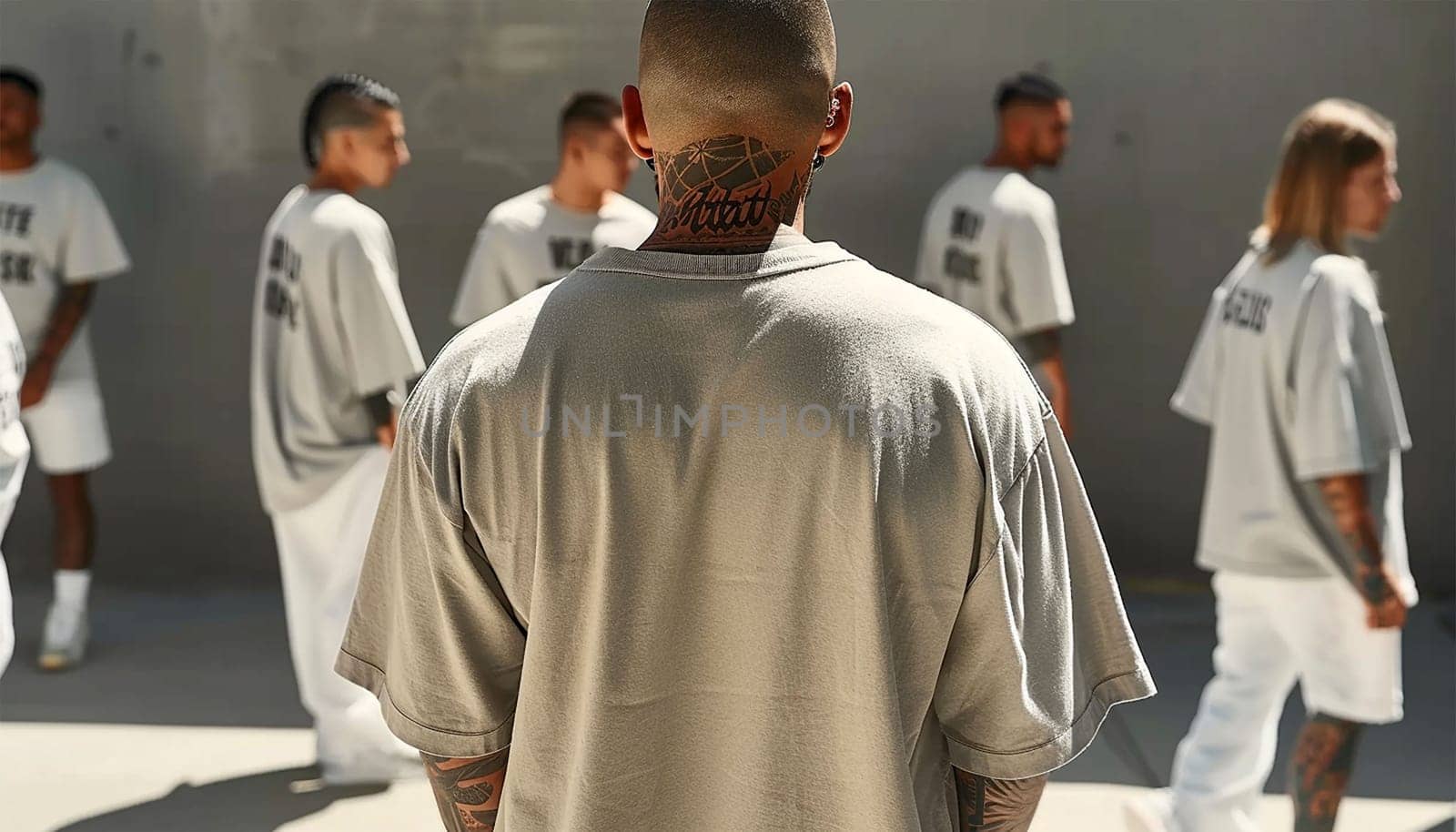 Inmate with tattoos in beige uniform in jail cell, Male prisoner serves imprisonment term for crime in prison. Detention center or correctional facility.