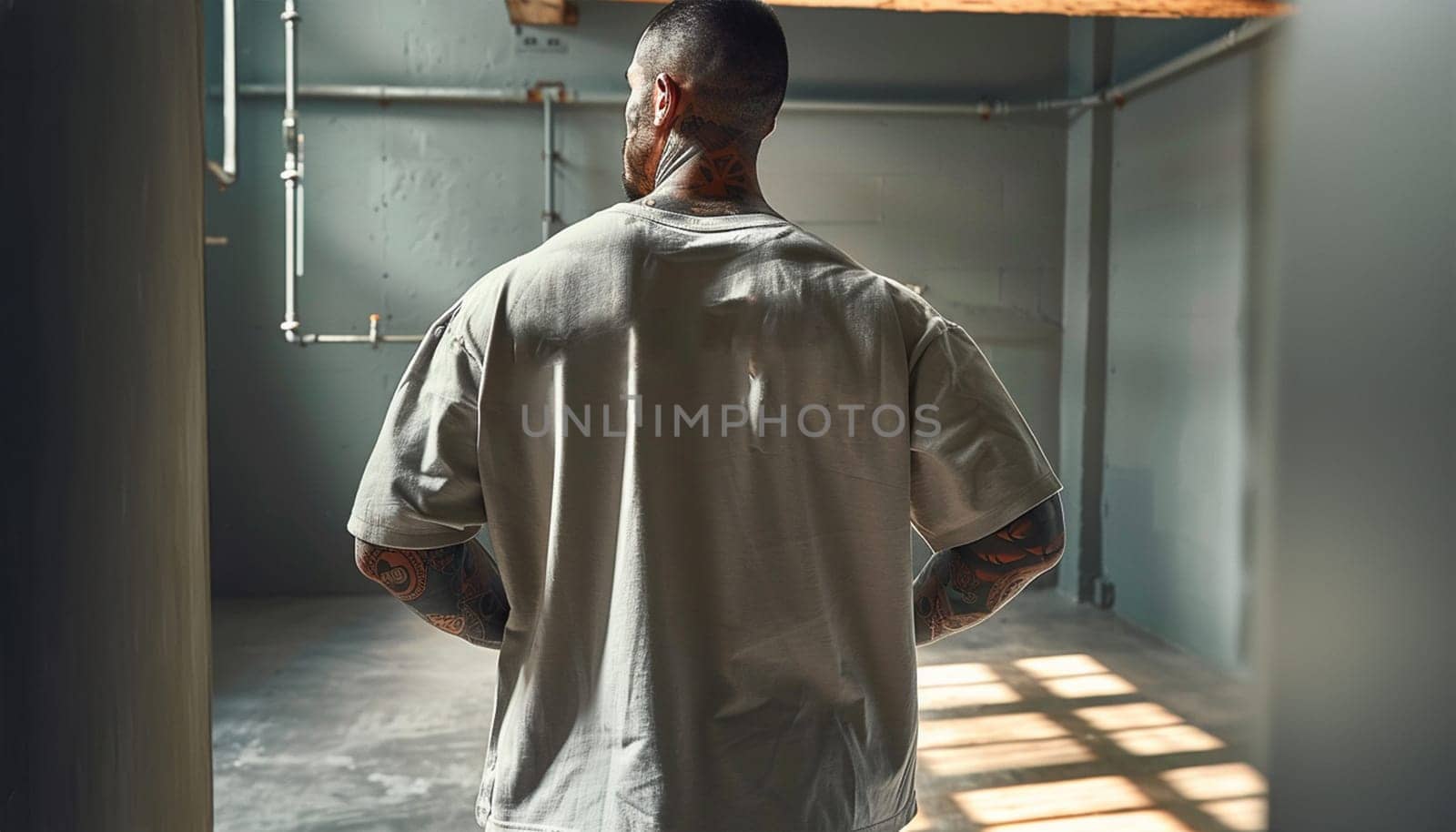 Inmate with tattoos in beige uniform in jail cell, Male prisoner serves imprisonment term for crime in prison. Detention center or correctional facility.
