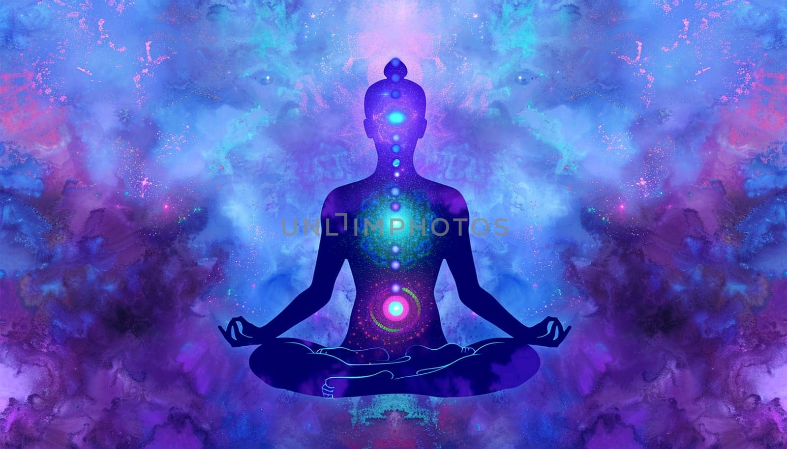 Beautiful woman sits in a pose of a half lotus on high place , she practicing yoga meditation glowing seven all chakra eyes closed calm. Kundalini energy. chakras glowing in galaxy 4k video meditation Chacra energy effect purple background. Blur color neon glow abstract background. Vibrant spectrum.