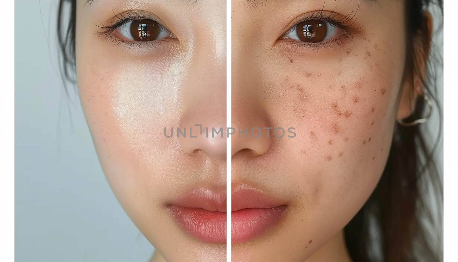 Beauty skin care young Asian half smooth skin. Skin of young woman before and after the cosmetics procedure, problem and smooth skin, concept of skincare Beauty product close up