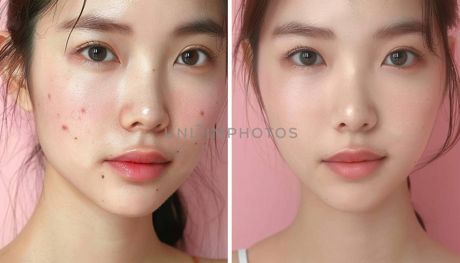 Beauty skin care young Asian half smooth skin. Skin of young woman before and after the cosmetics procedure, problem and smooth skin, concept of skincare Beauty product close up