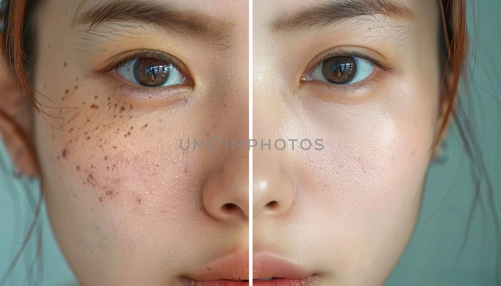 Beauty skin care young Asian half smooth skin. Skin of young woman before and after the cosmetics procedure, problem and smooth skin, concept of skincare Beauty product close up