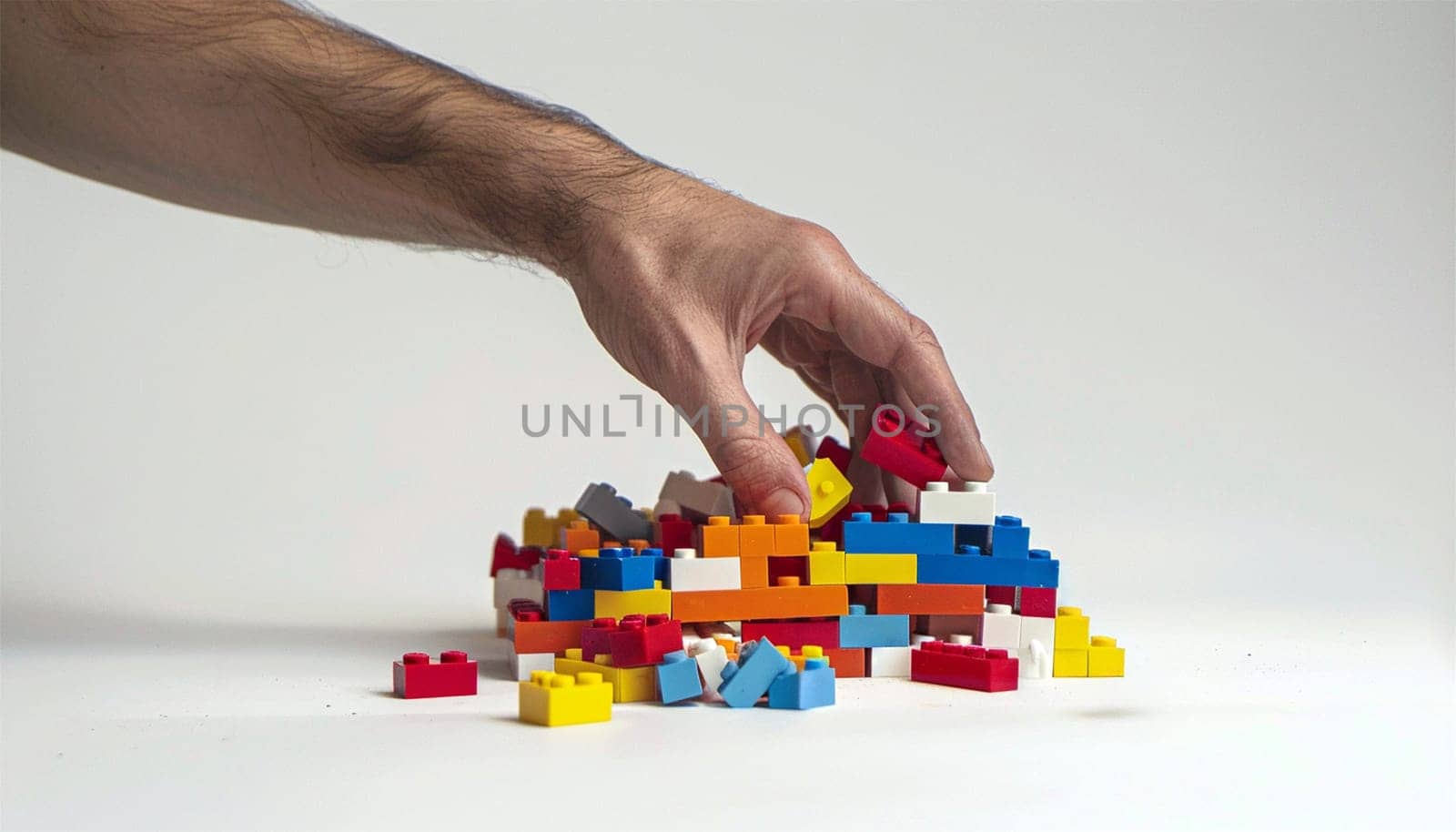 Man hand building with colorful Lego. Hand build blocks and going to add the final piece between the gap to complete, concept of help solution, solve the disconnect problem. Hobby toys Copy space
