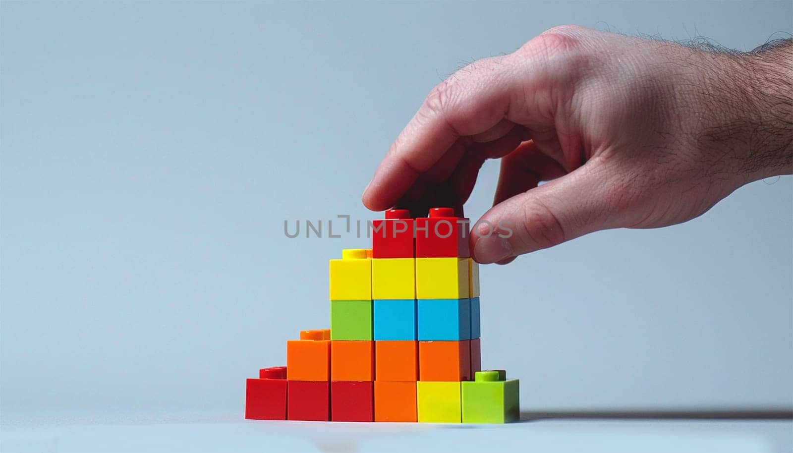 Man hand building with colorful Lego. Hand build blocks and going to add the final piece between the gap to complete, concept of help solution, solve the disconnect problem. Hobby toys Copy space
