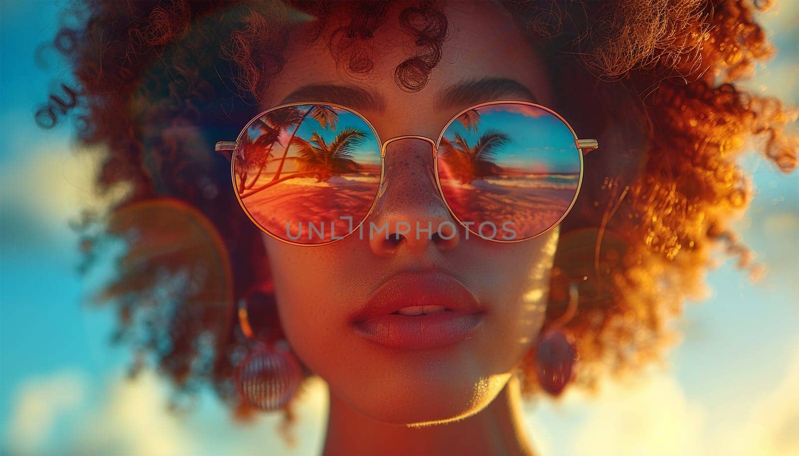 travel, vacation, summer holidays and happy people concept. Portrait of happy female in sunglasses with beach reflection. Tropical design neon effect. Beauty video Female