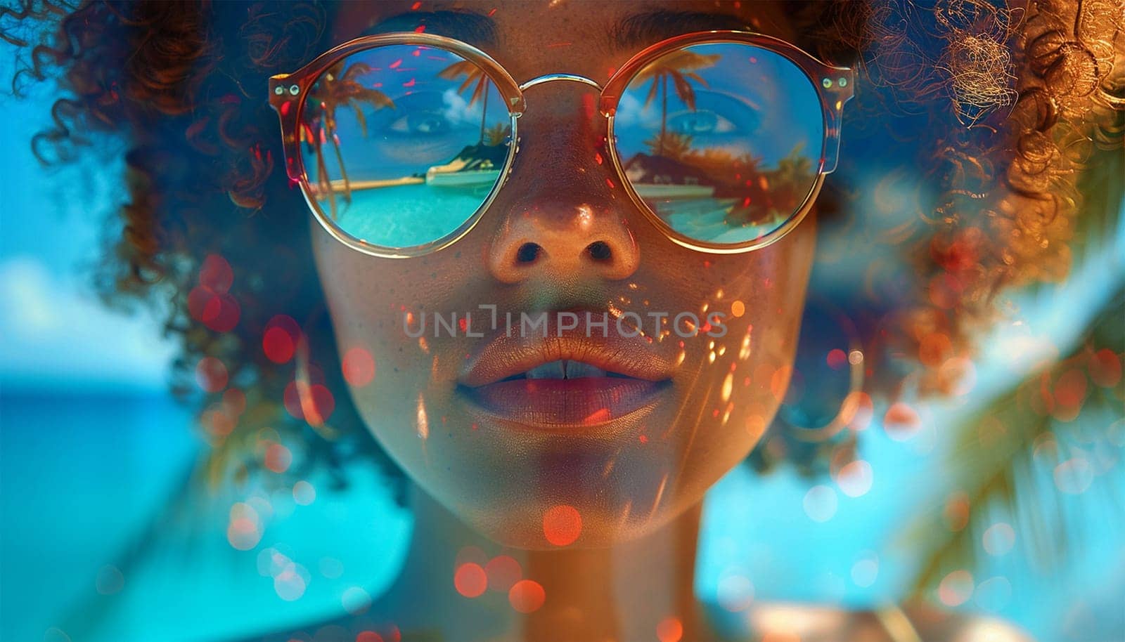 travel, vacation, summer holidays and happy people concept. Portrait of happy female in sunglasses with beach reflection. Tropical design neon effect. Beauty video Female