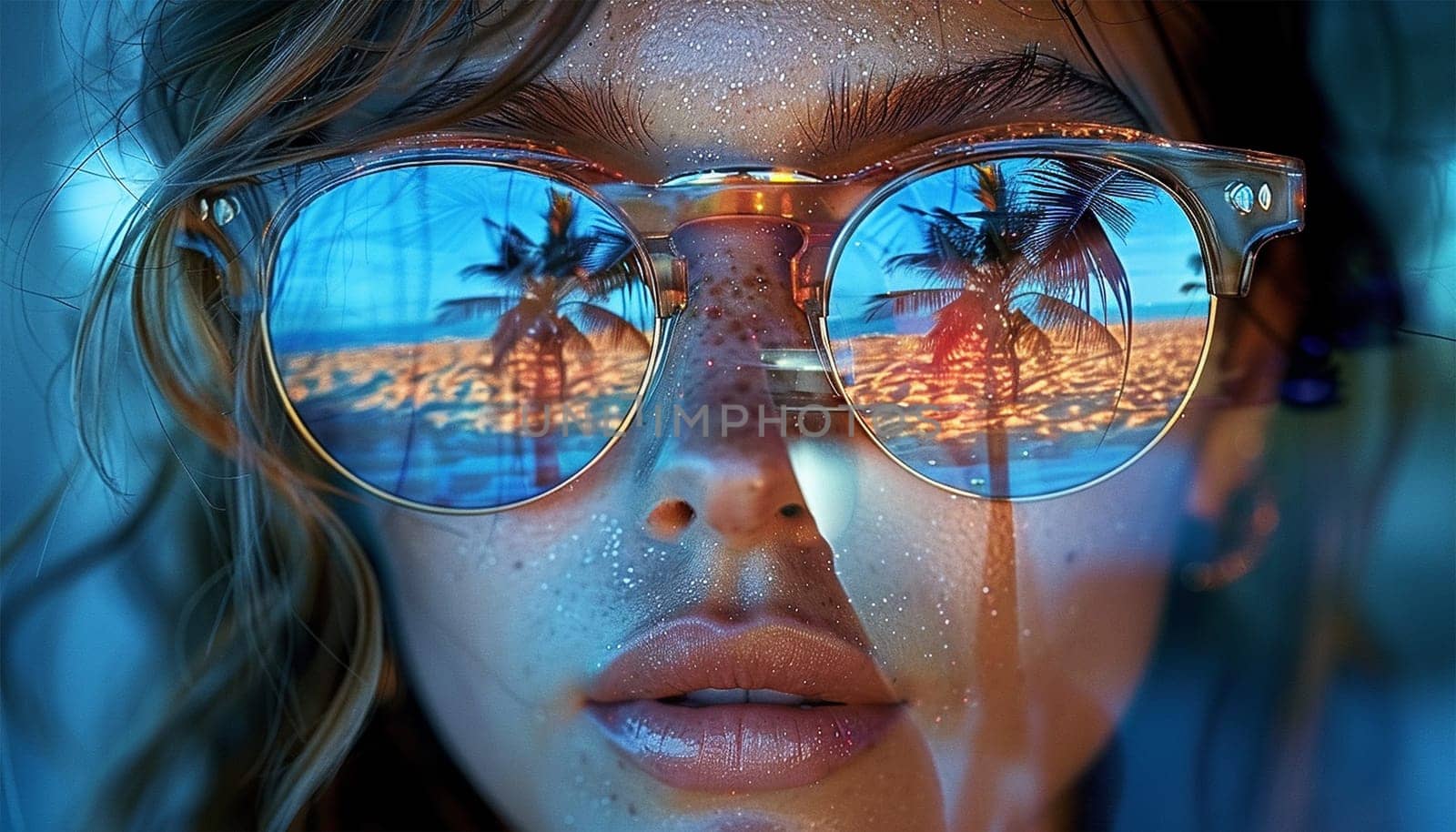 travel, vacation, summer holidays and happy people concept. Portrait of happy female in sunglasses with beach reflection. Tropical design neon effect. Beauty video Female