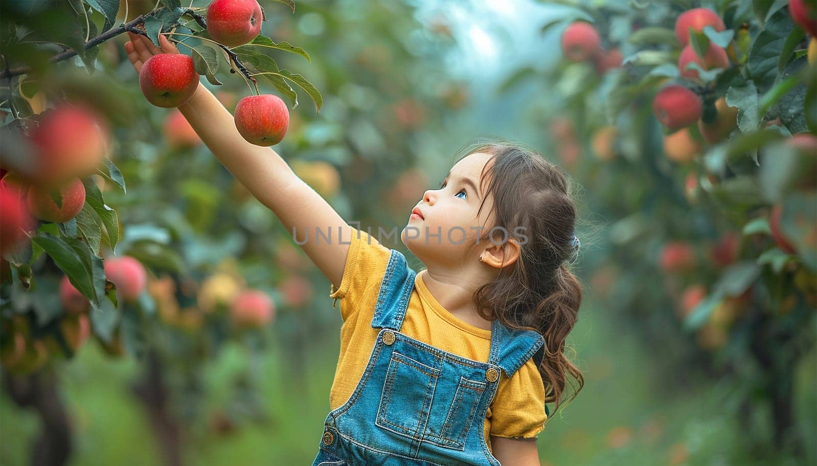 Adorable little girl picking an apple from a tree wearing a dungarees. Kids pick organic fruit. Kids healthy fruits at harvest fall. Outdoors fun for children cute