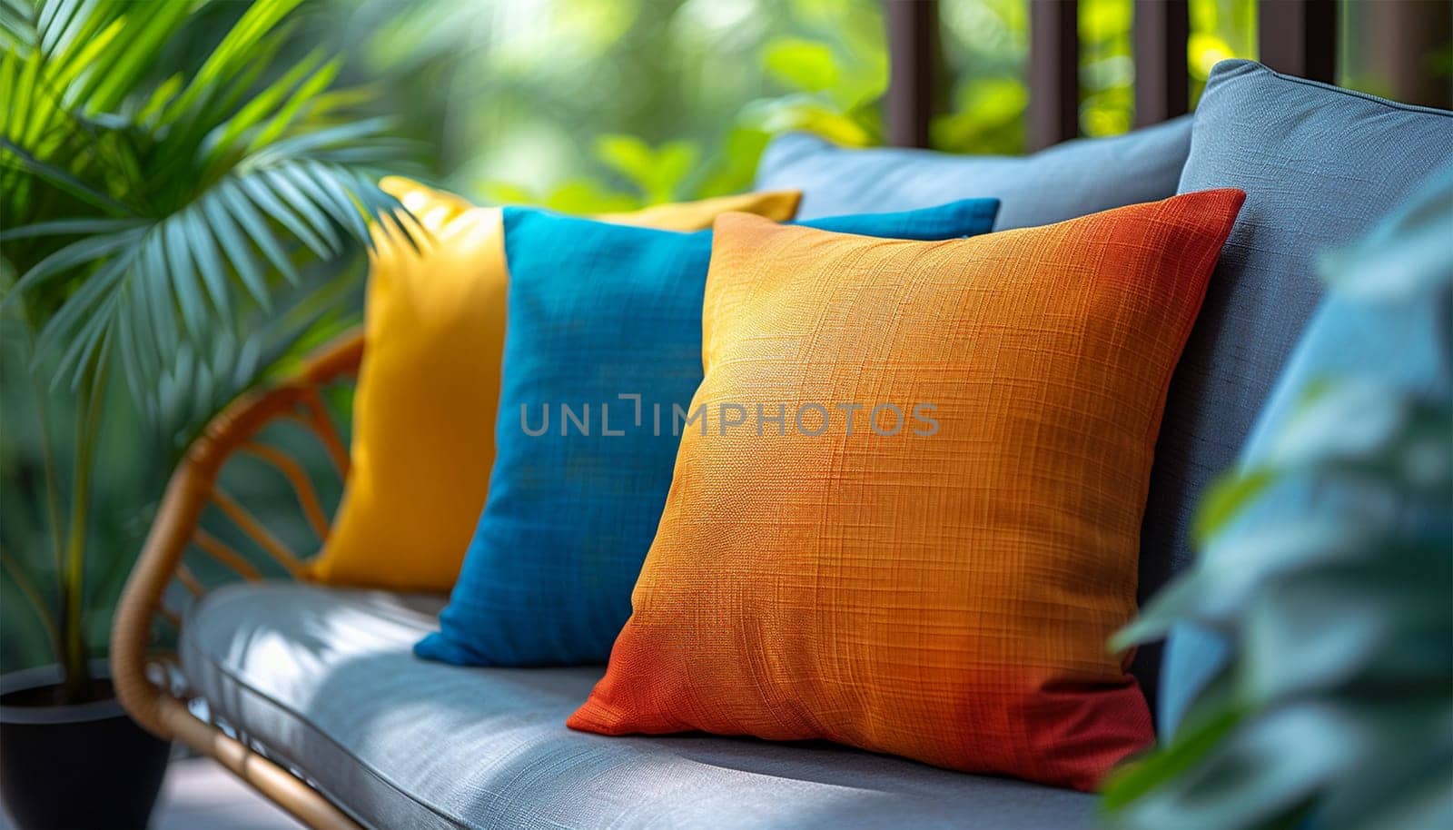 Colorful garden pillows cute, cozy furniture with colorful pillows at summer patio, lounge outdoor space. Summer design Close-up