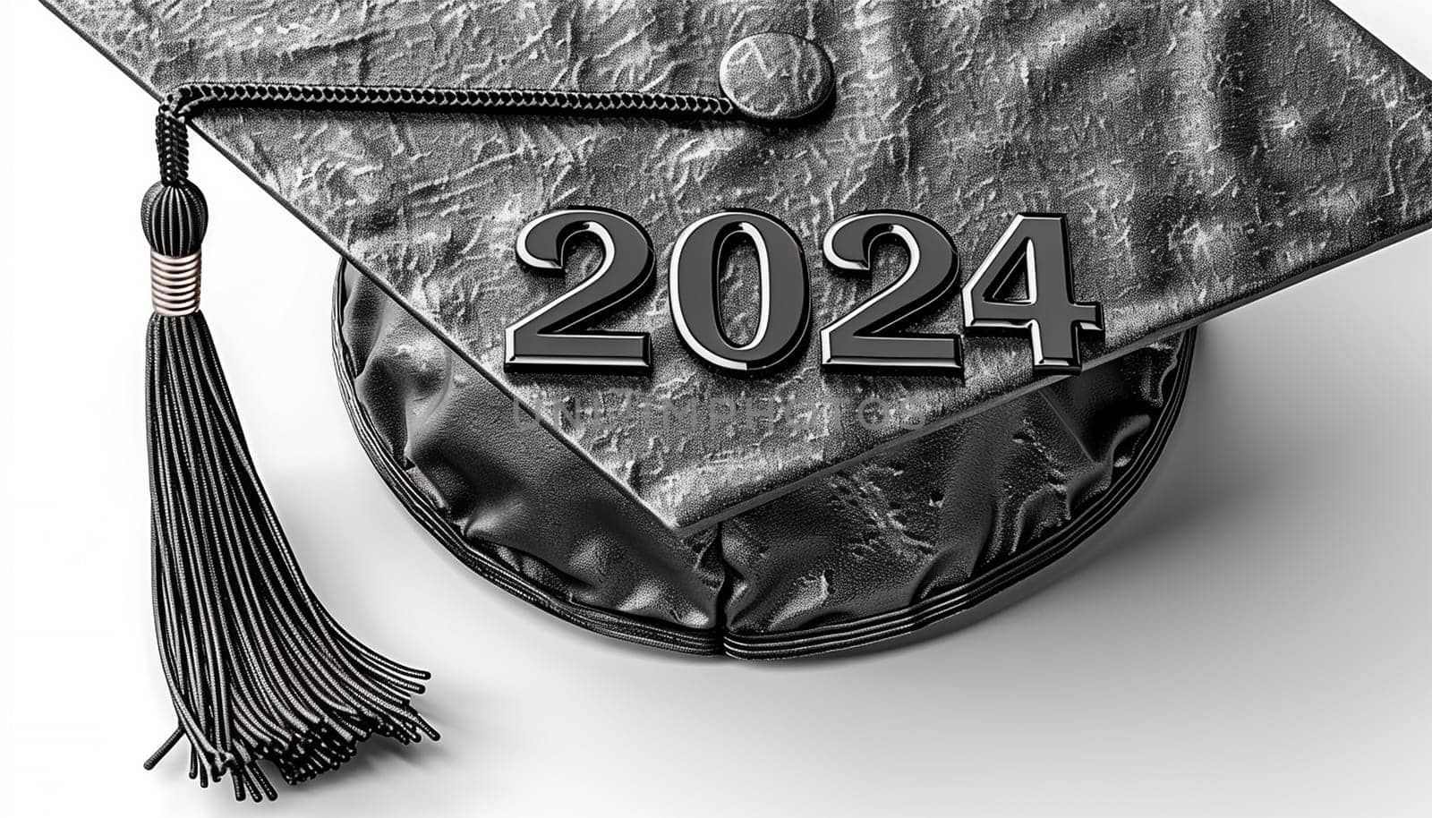 Class of 2024,. Congrats Graduation lettering with academic cap. Template for design party high school or college, graduate invitations. Graduation hat 2024 isolated in white background close up