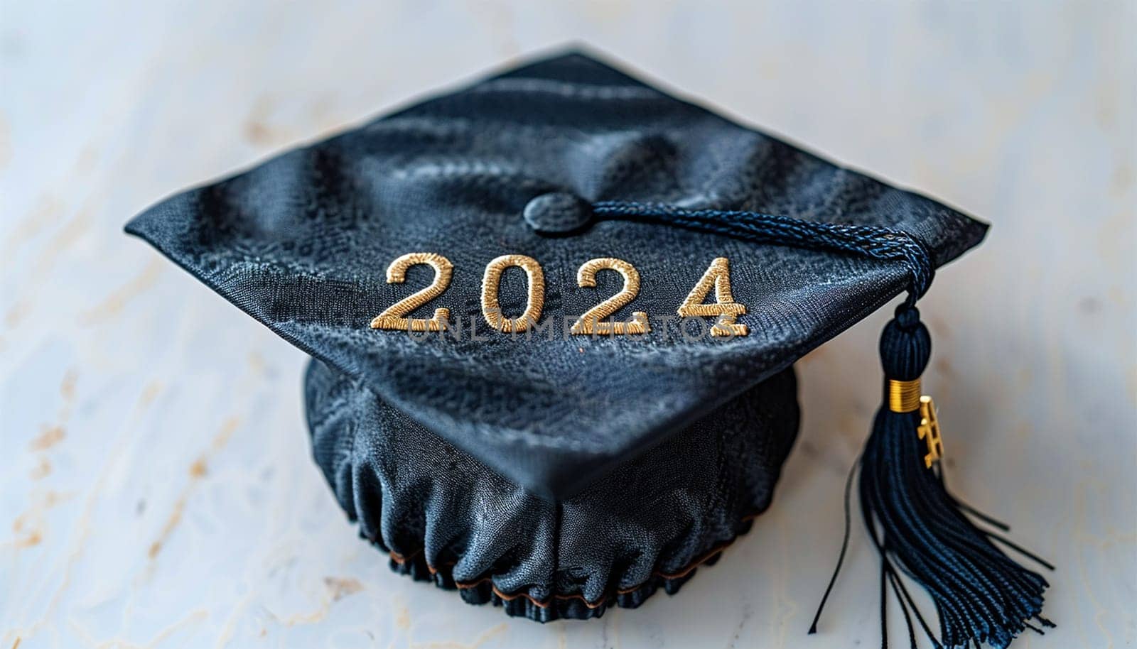 Class of 2024,. Congrats Graduation lettering with academic cap. Template for design party high school or college, graduate invitations. Graduation hat 2024 isolated in white background close up
