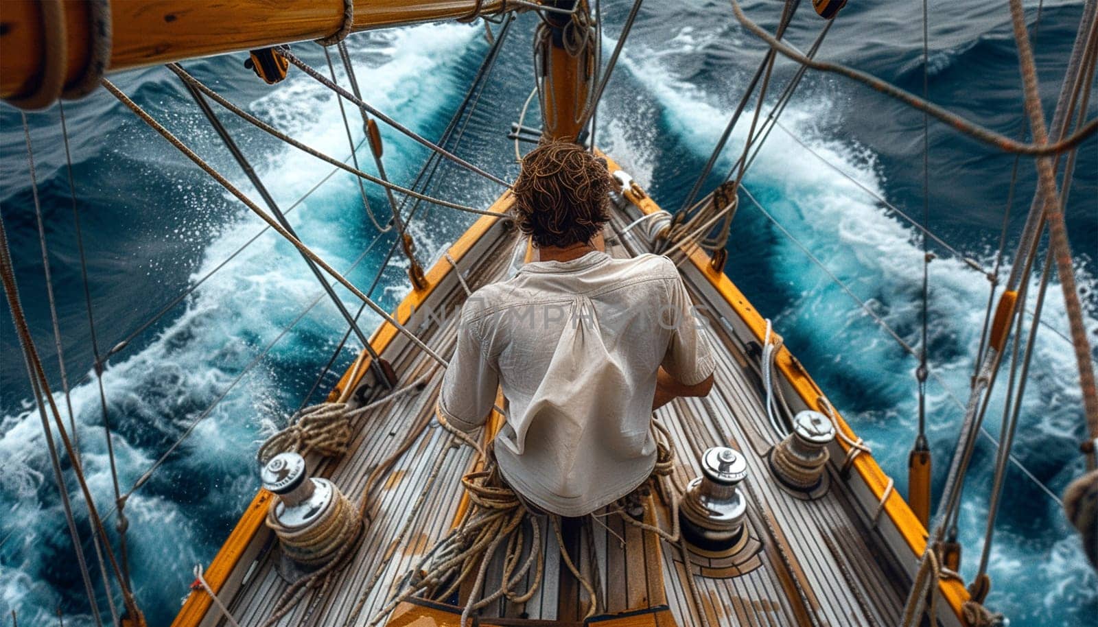 White yacht sailing in an open sea at sunset. A view from the deck to the bow, mast, sails. Epic cloudscape. Dramatic sky with glowing golden clouds after the storm. Racing, sport, leisure activity travel